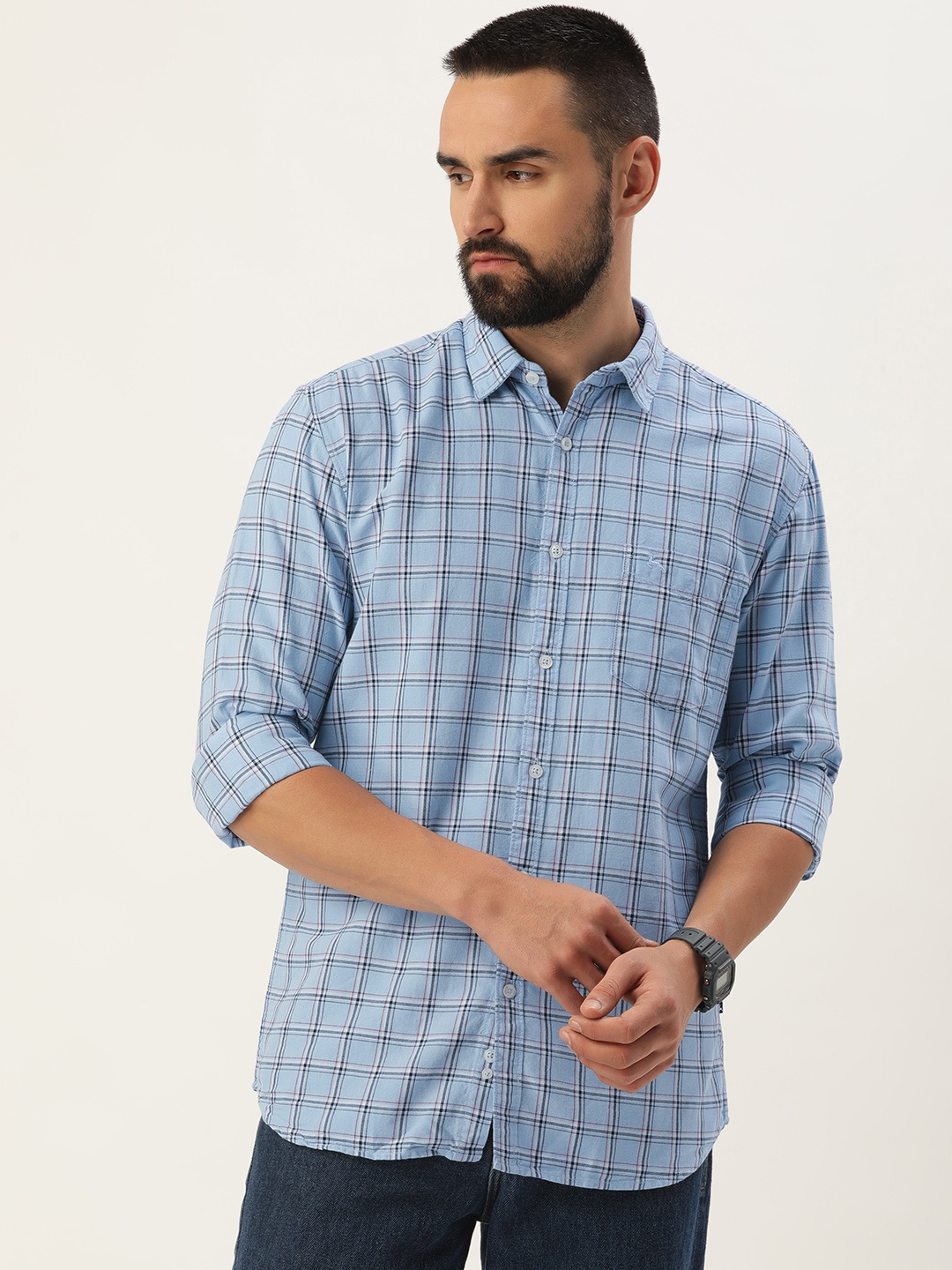 

Parx Slim Fit Checked Pure Cotton Casual Shirt, Blue