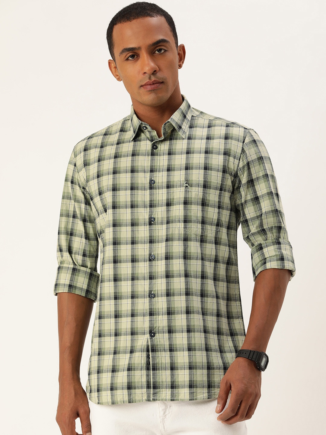 

Parx Slim Fit Opaque Checked Pure Cotton Casual Shirt, Green