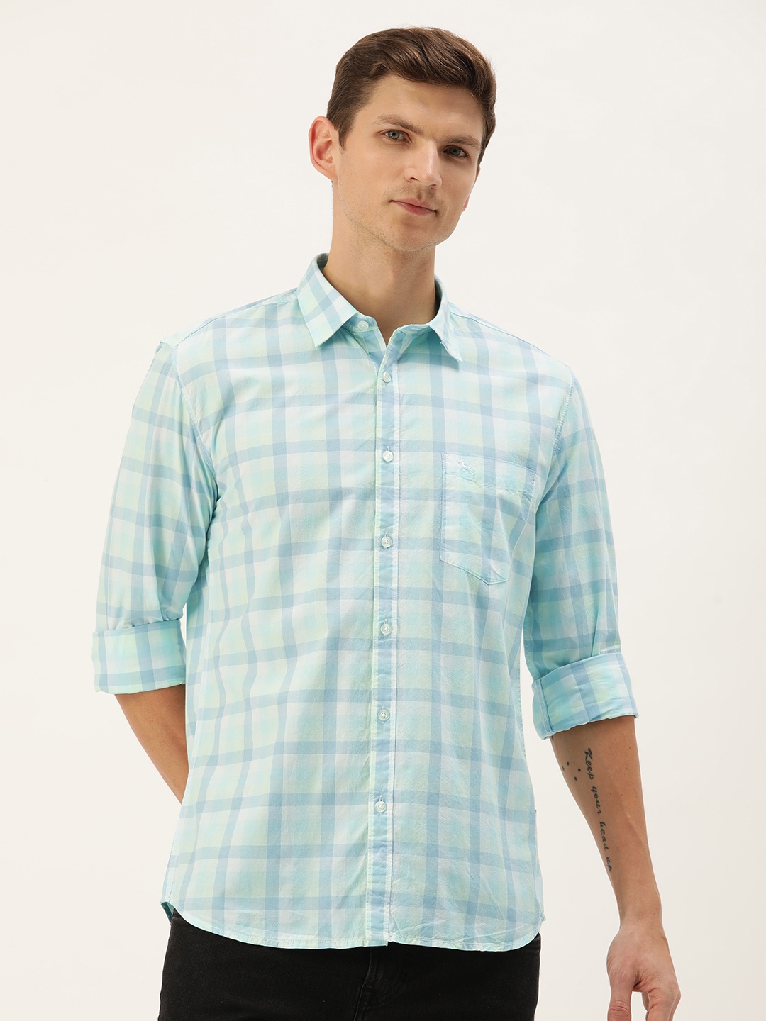 

Parx Slim Fit Checked Pure Cotton Casual Shirt, Blue