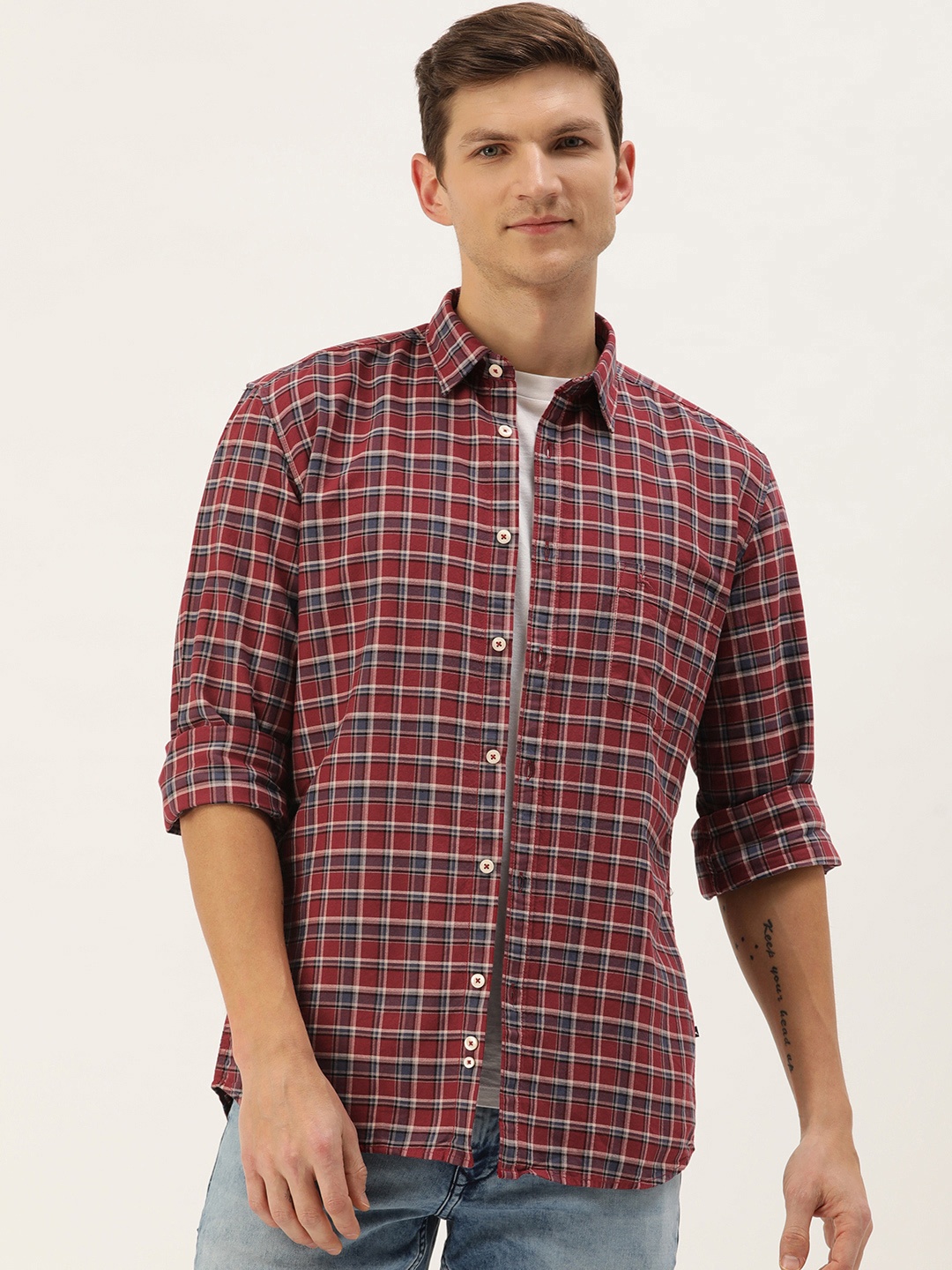 

Parx Slim Fit Opaque Checked Pure Cotton Casual Shirt, Red