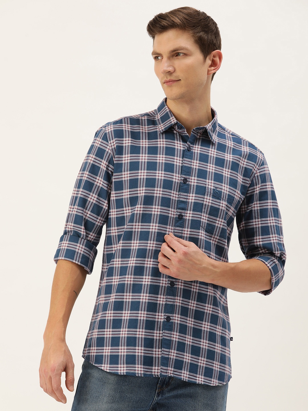 

Parx Slim Fit Checked Pure Cotton Casual Shirt, Blue