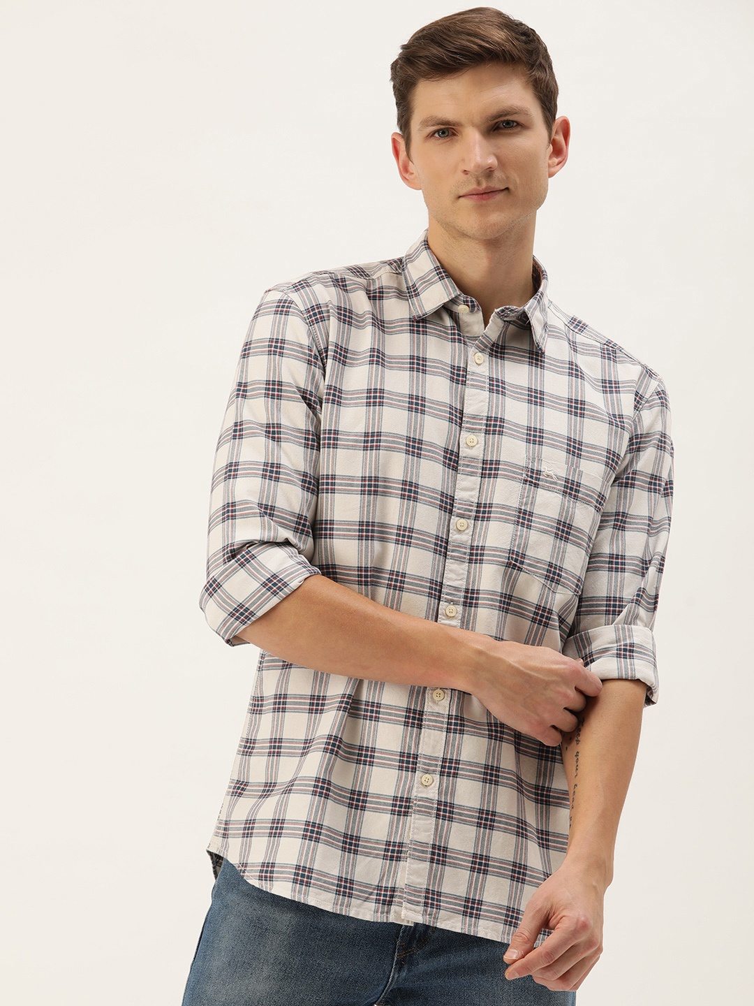 

Parx Pure Cotton Slim Fit Checked Casual Shirt, Beige