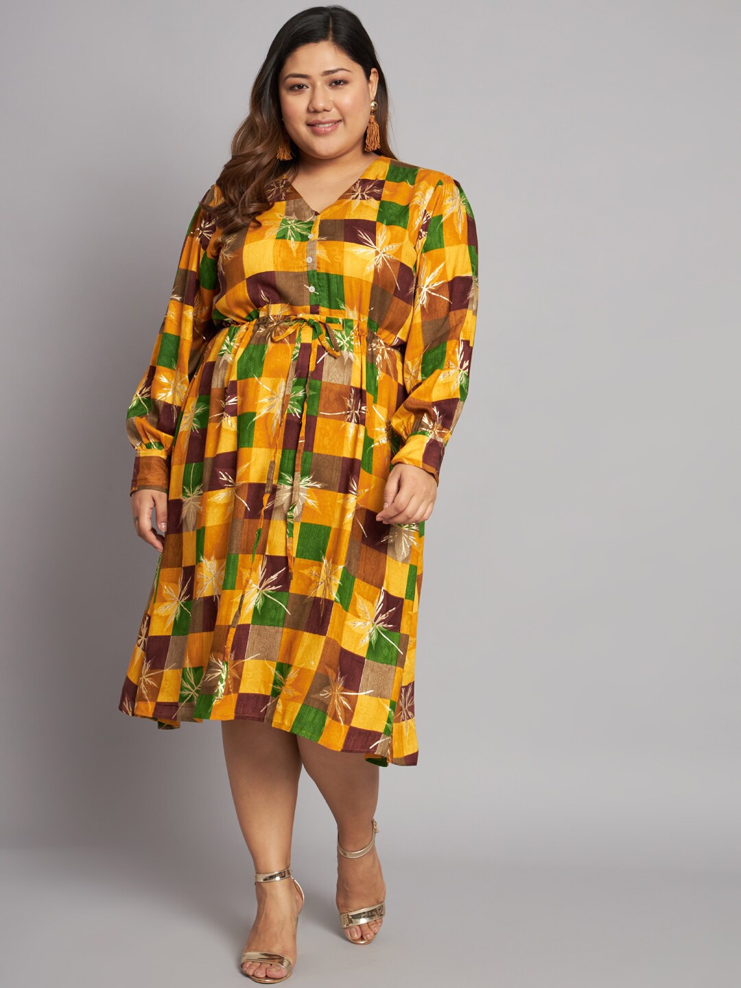 

KALINI Plus Size Floral Printed A-Line Midi Dress, Mustard