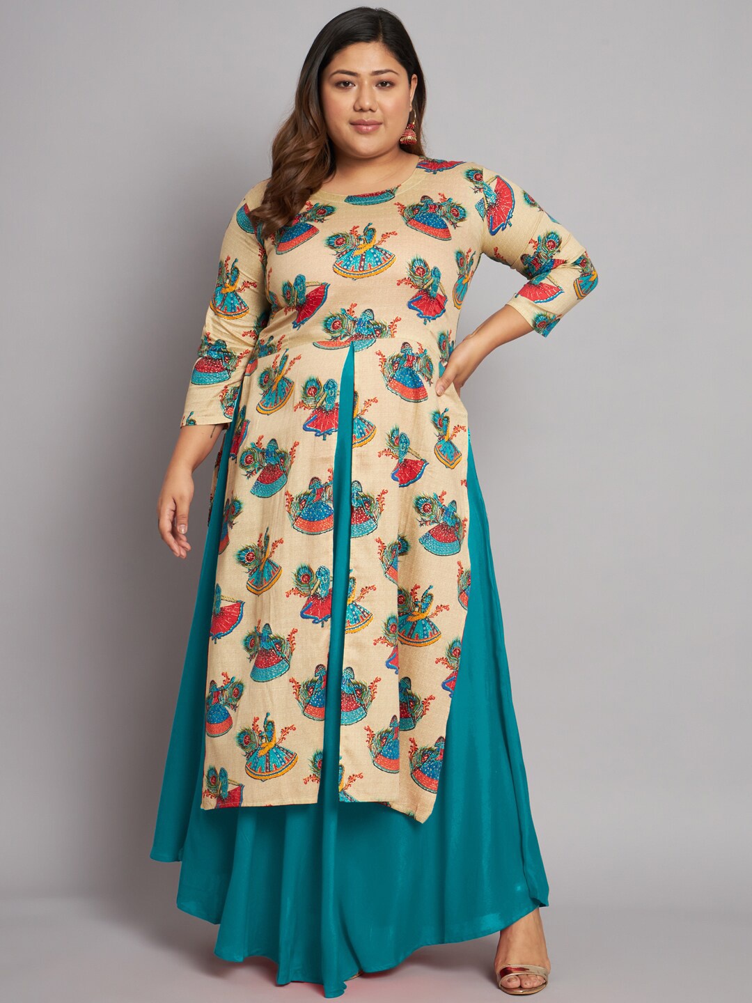 

KALINI Plus Size Radha Printed Layered Ethnic Dress, Teal