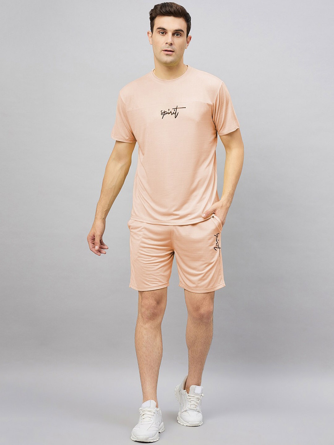 

CHROME & CORAL Typography Printed T-Shirt & Shorts, Peach