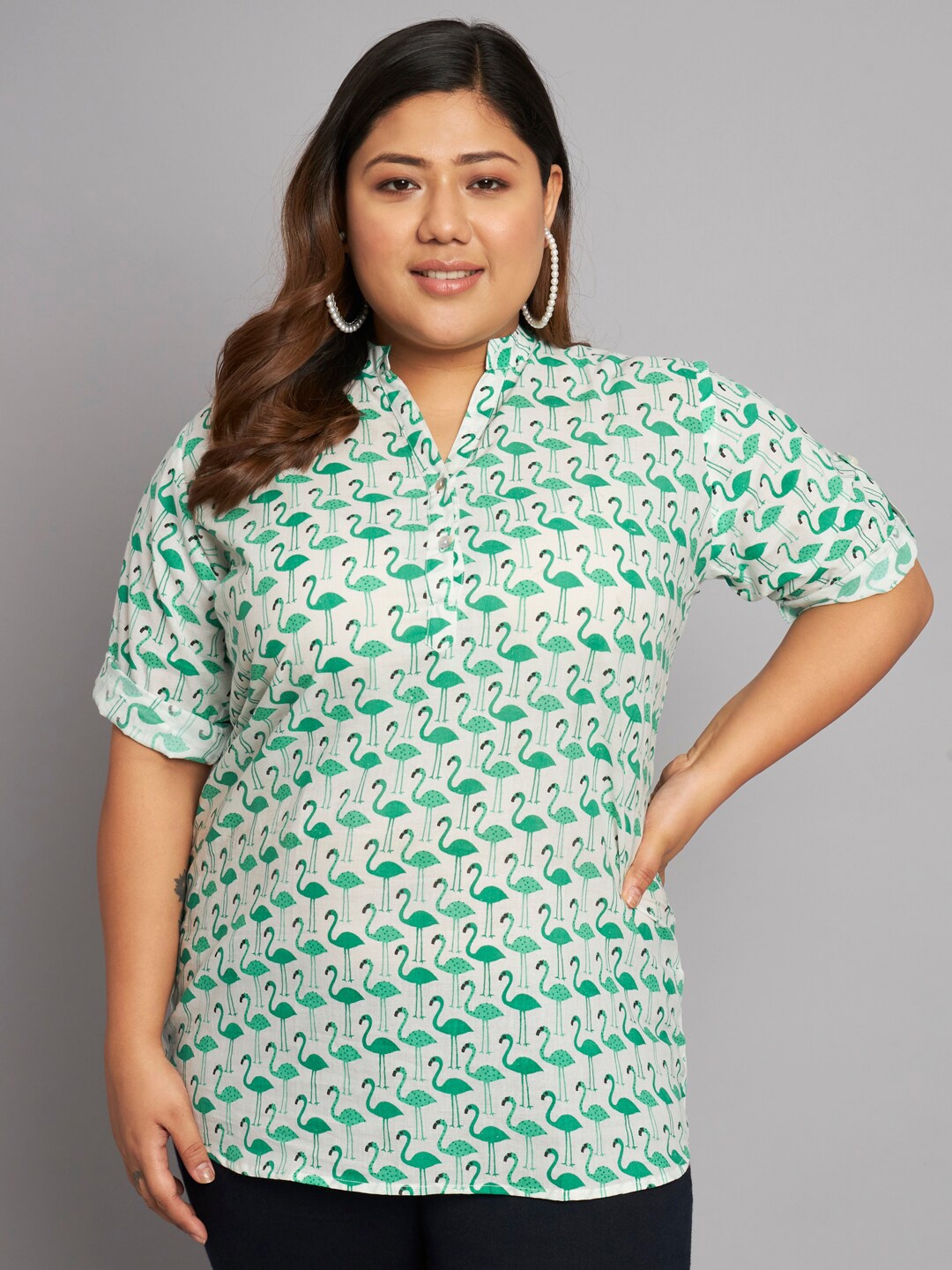 

KALINI Plus Size Graphic Printed Roll-Up Sleeves Cotton Tunic, White