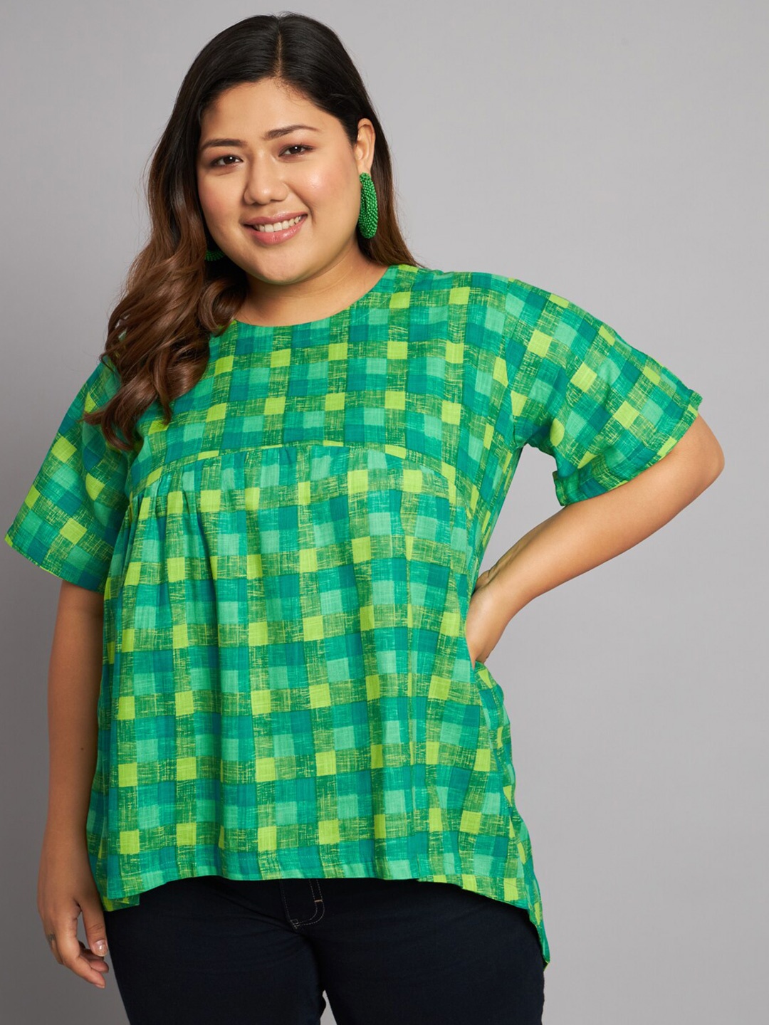 

KALINI Plus Size Checked High Low Cotton Tunic, Green