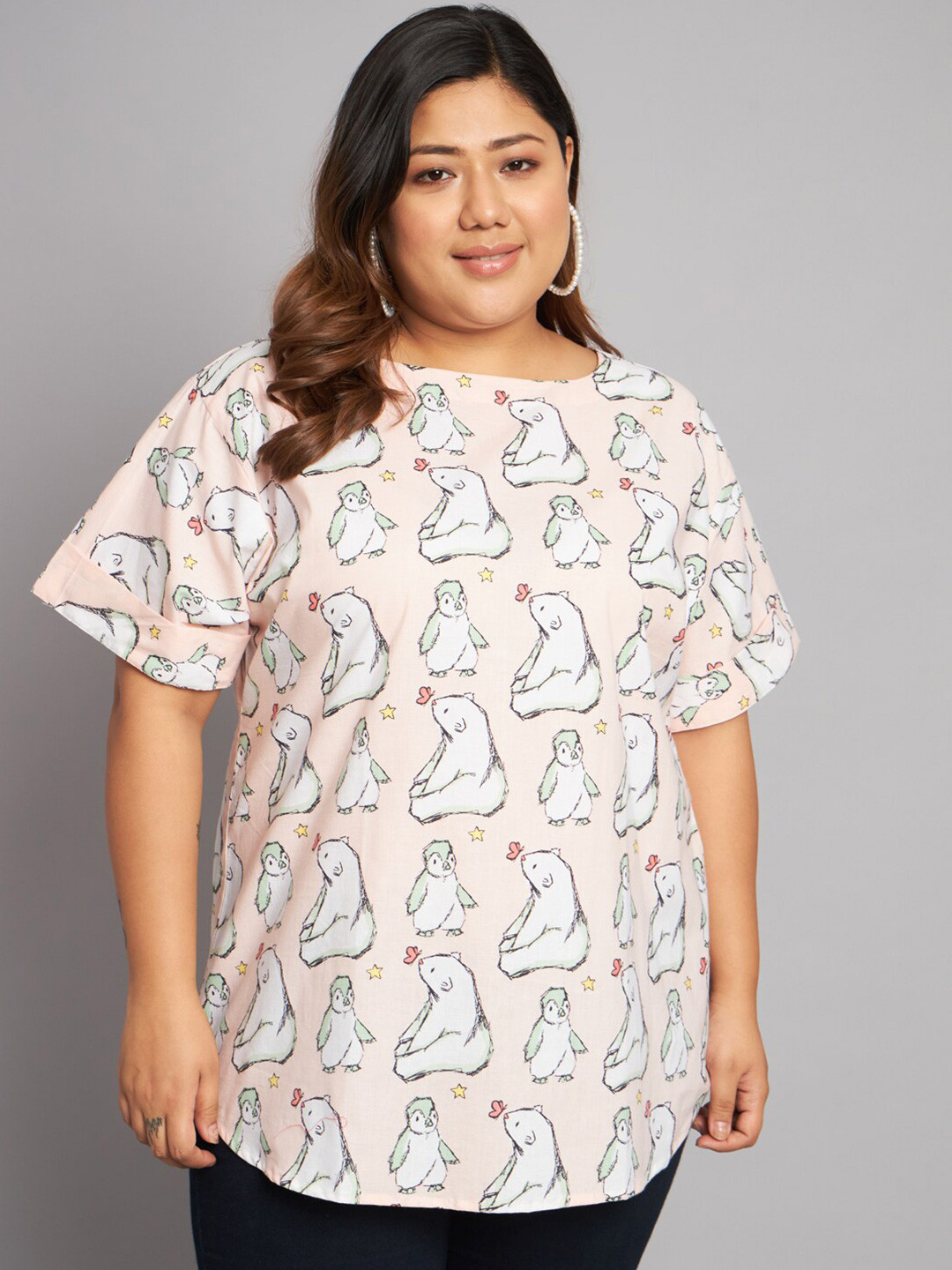 

KALINI Plus Size Graphic Printed Extended Sleeves Pure Cotton Top, Peach