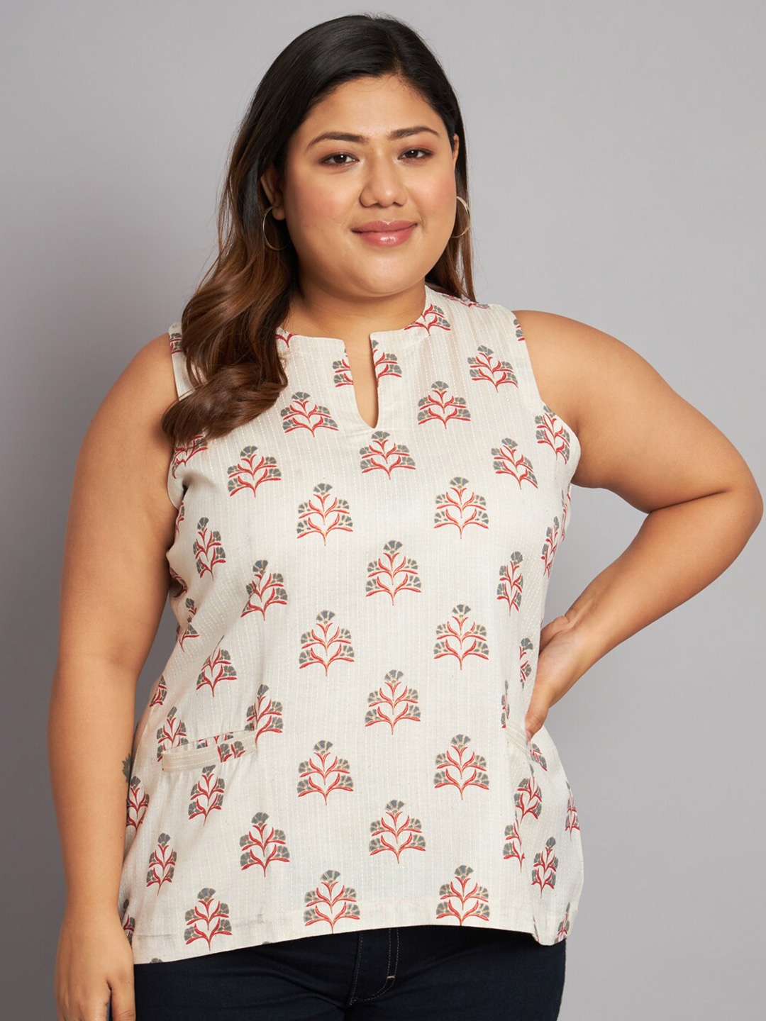 

KALINI Plus Size Floral Printed Round Neck Cotton Top, Cream