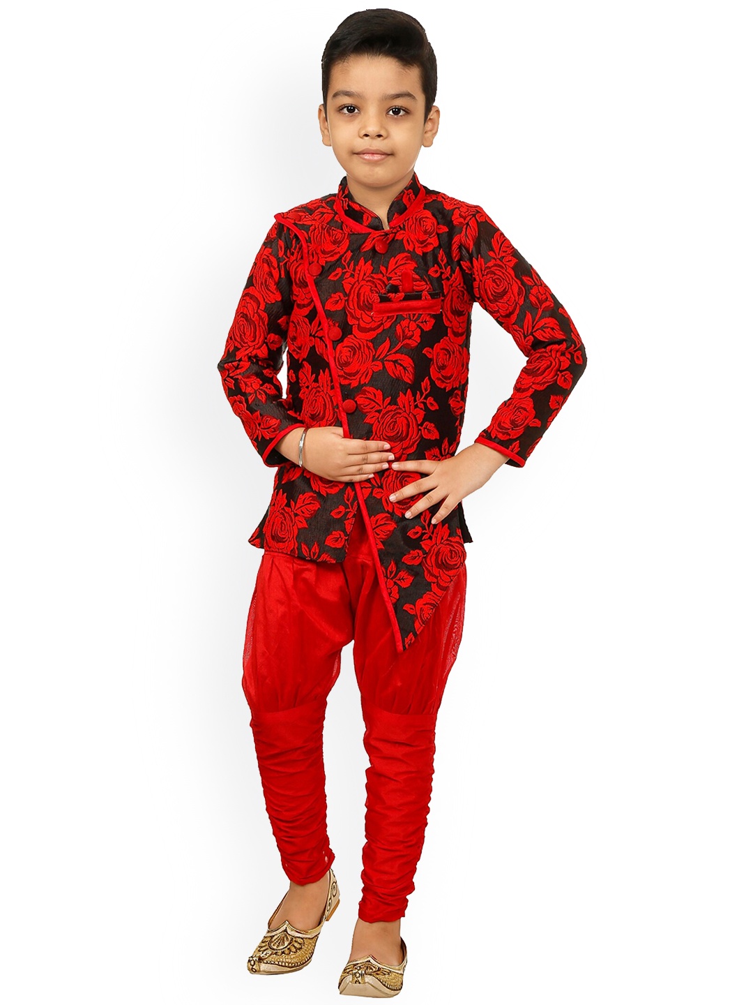 

CELEBRITY CLUB Boys Floral Printed Velvet Sherwani Set, Red