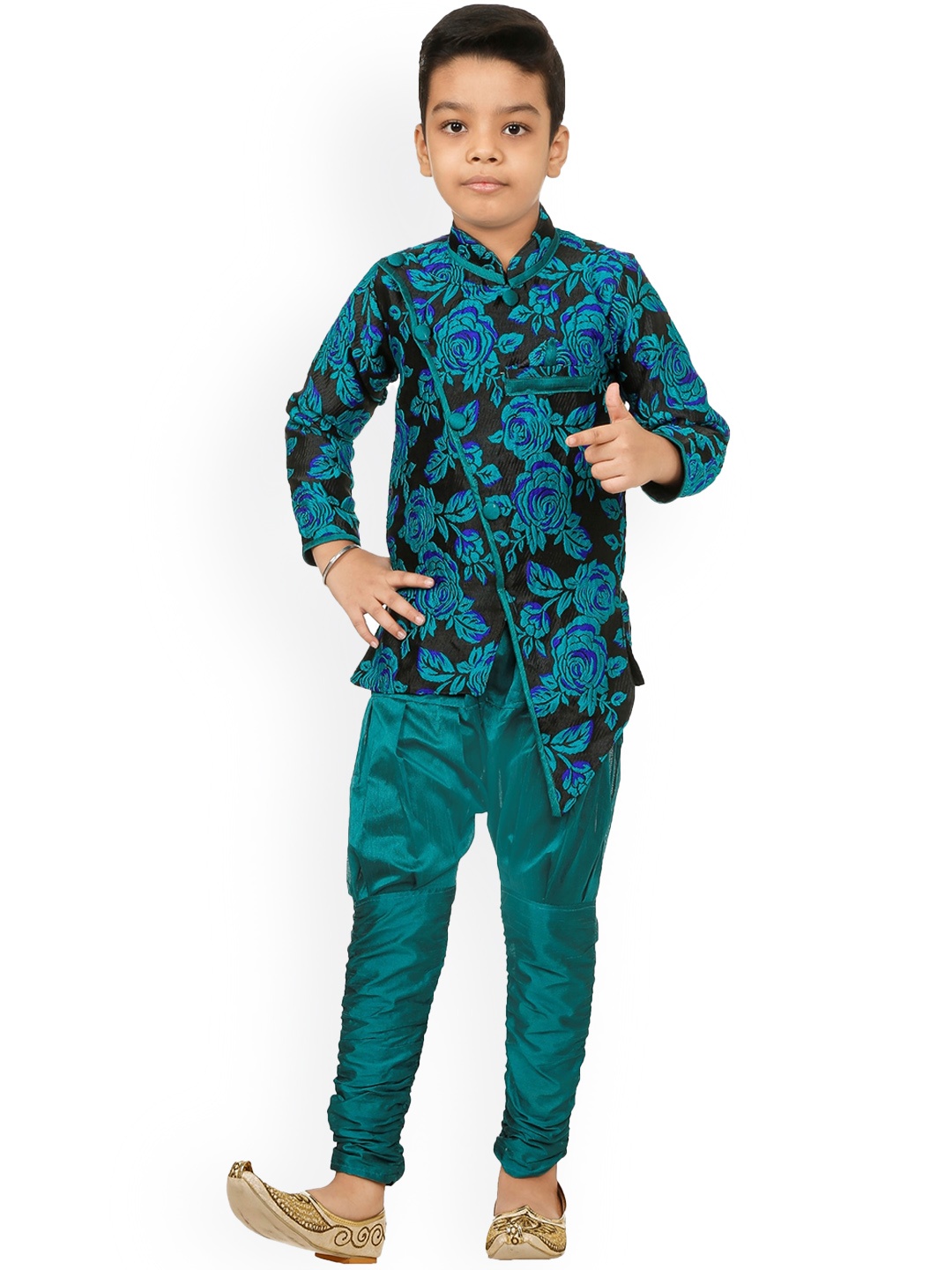 

CELEBRITY CLUB Boys Floral Printed Velvet Sherwani Set, Green