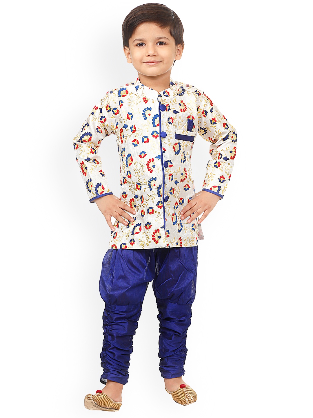 

CELEBRITY CLUB Boys Ethnic Motifs Printed Sherwani Set, Cream