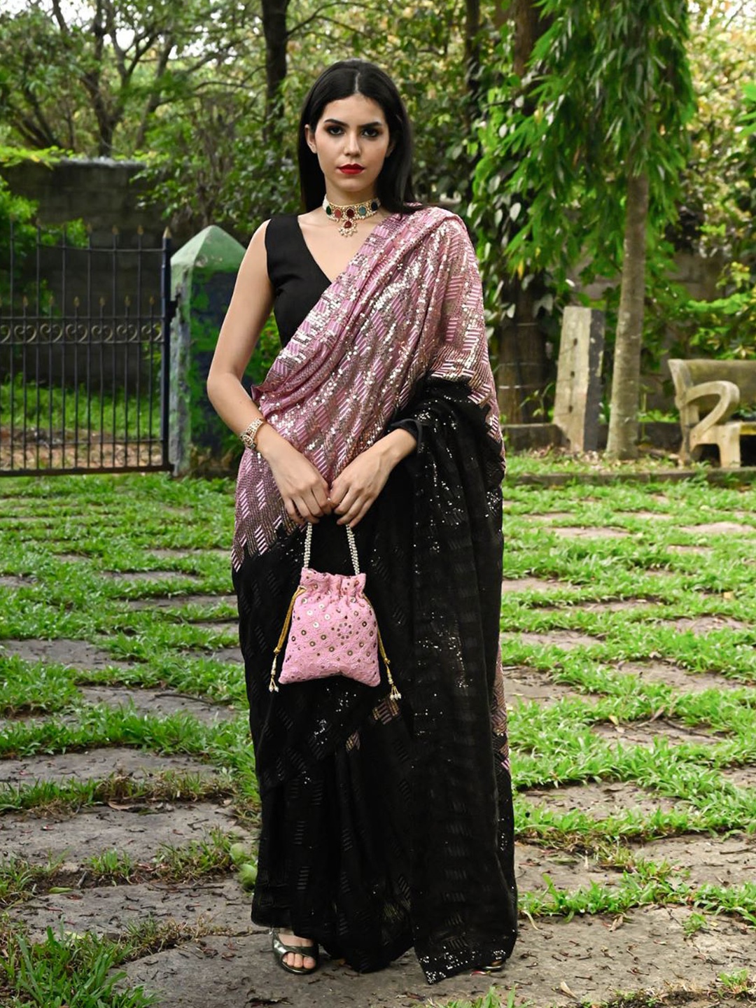 

ODETTE Sequinned Embellished Saree, Black