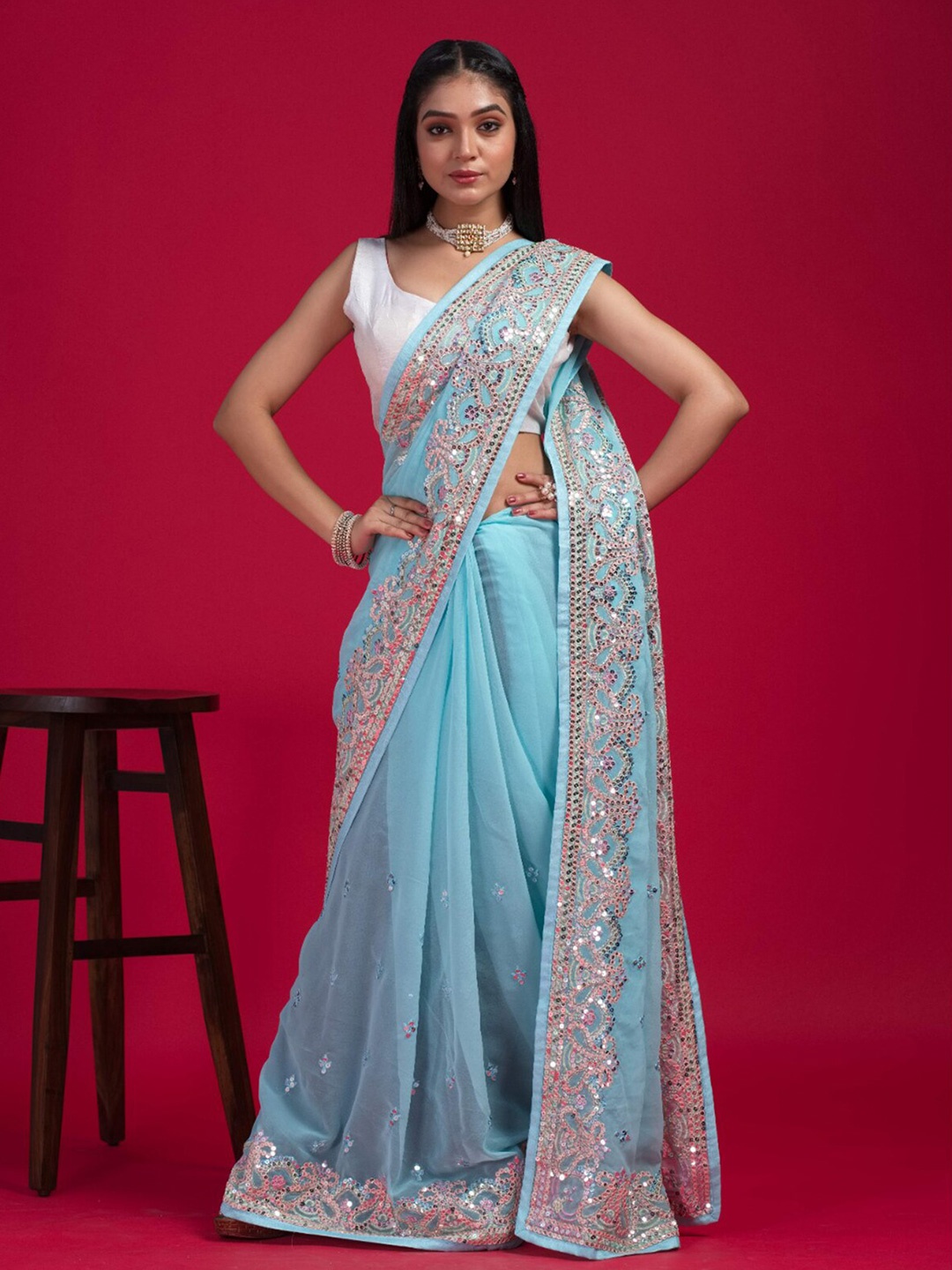 

ODETTE Mirror Work Embellished Saree, Blue