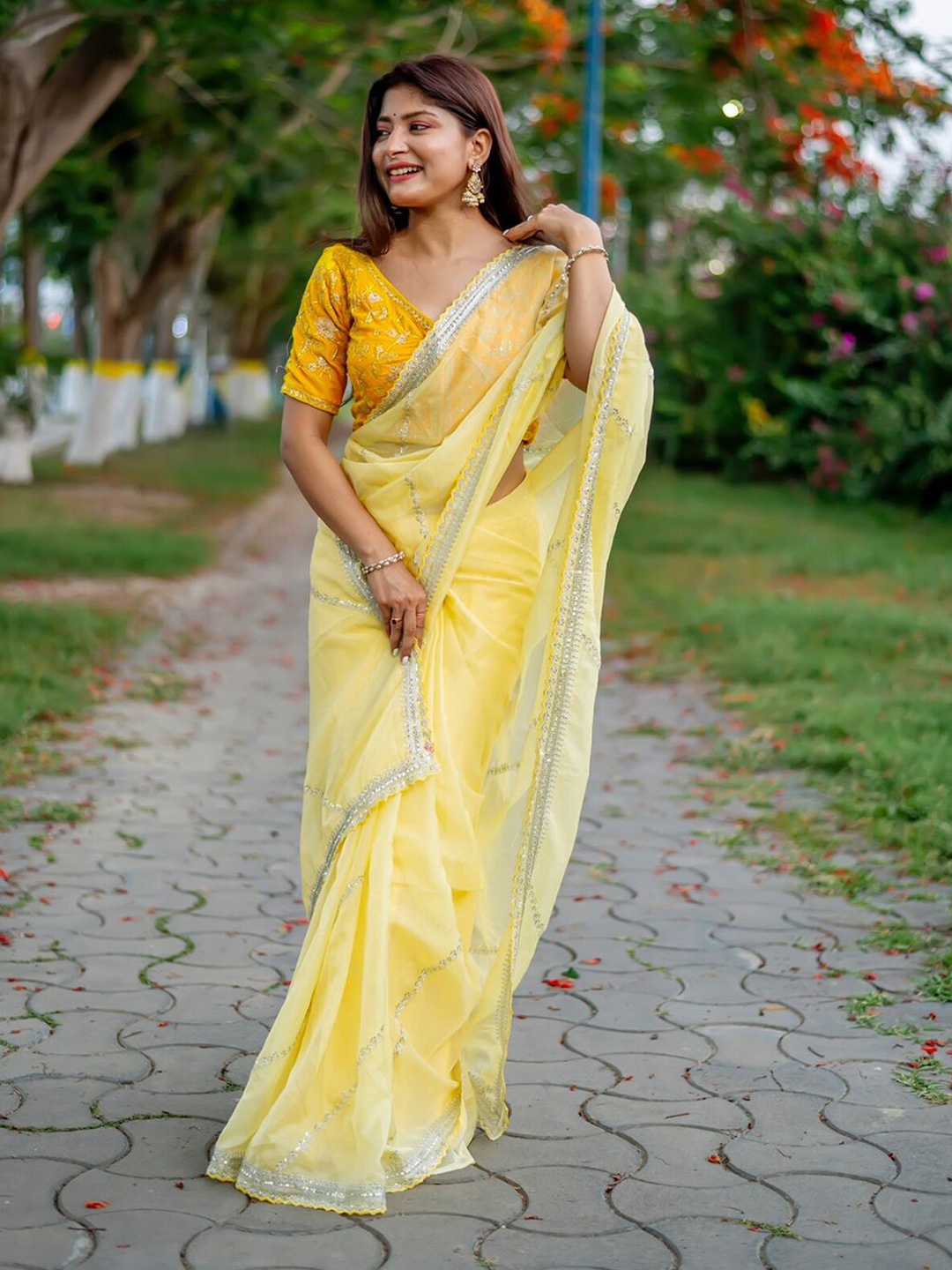

ODETTE Floral Zardozi Embroidered Organza Saree, Yellow