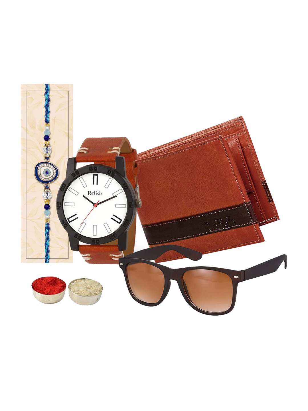 

Relish Men Set Of 4 Rakhi Gift Set, Brown