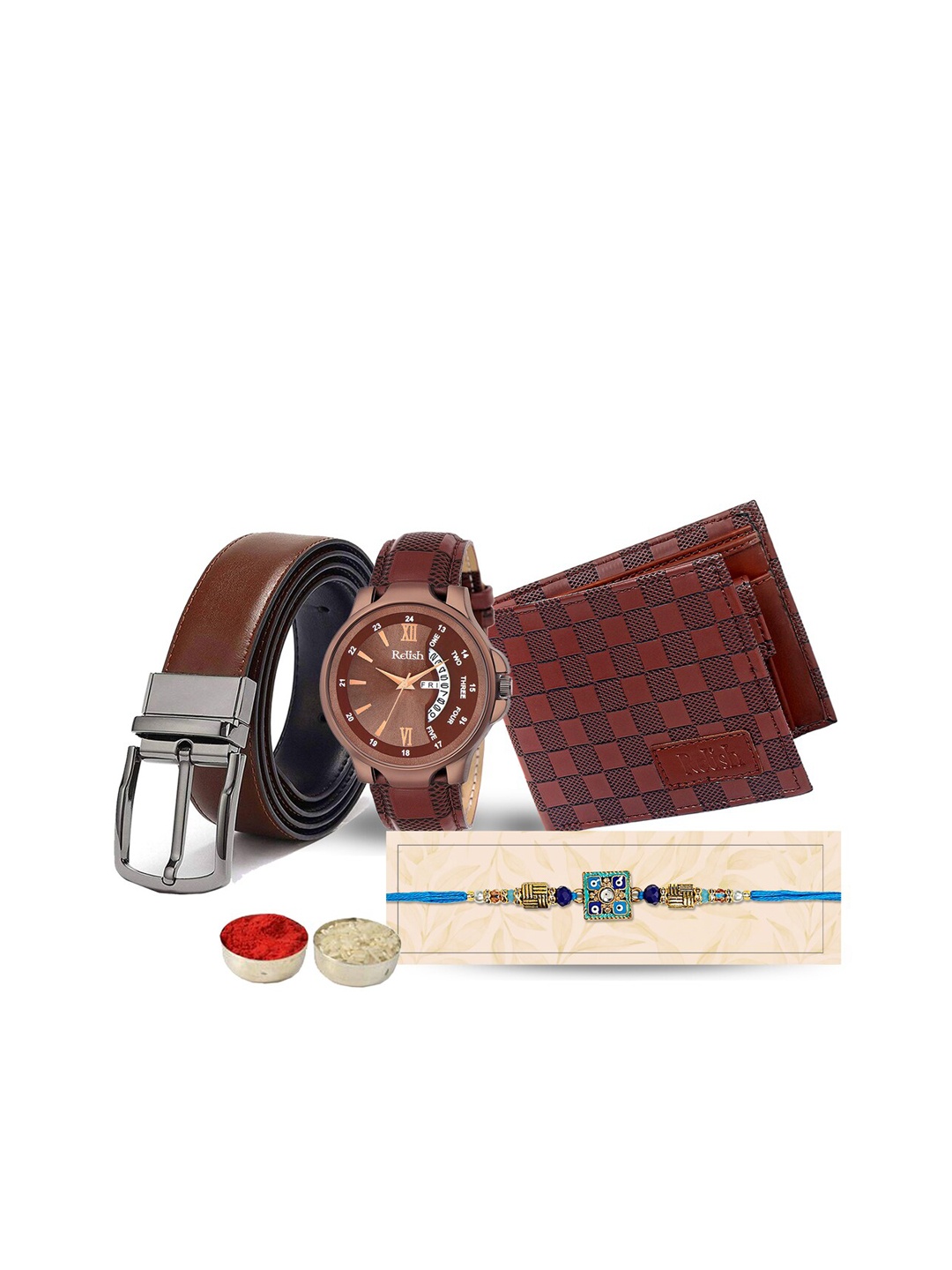 

Relish Men Set Of 4 Rakhi Gift Set, Brown