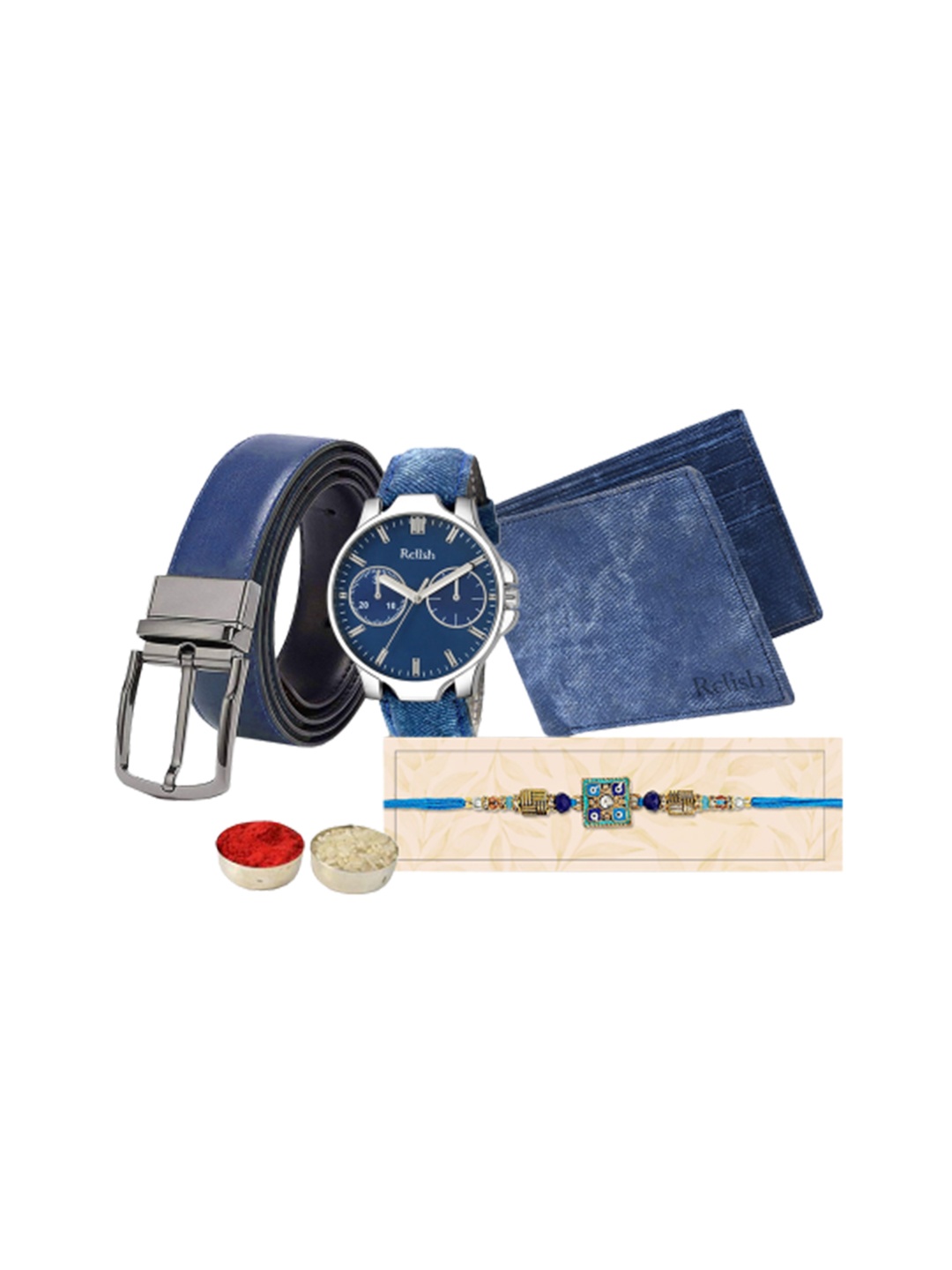 

Relish Men Set Of 4 Thread Rakhi Gift Set, Blue