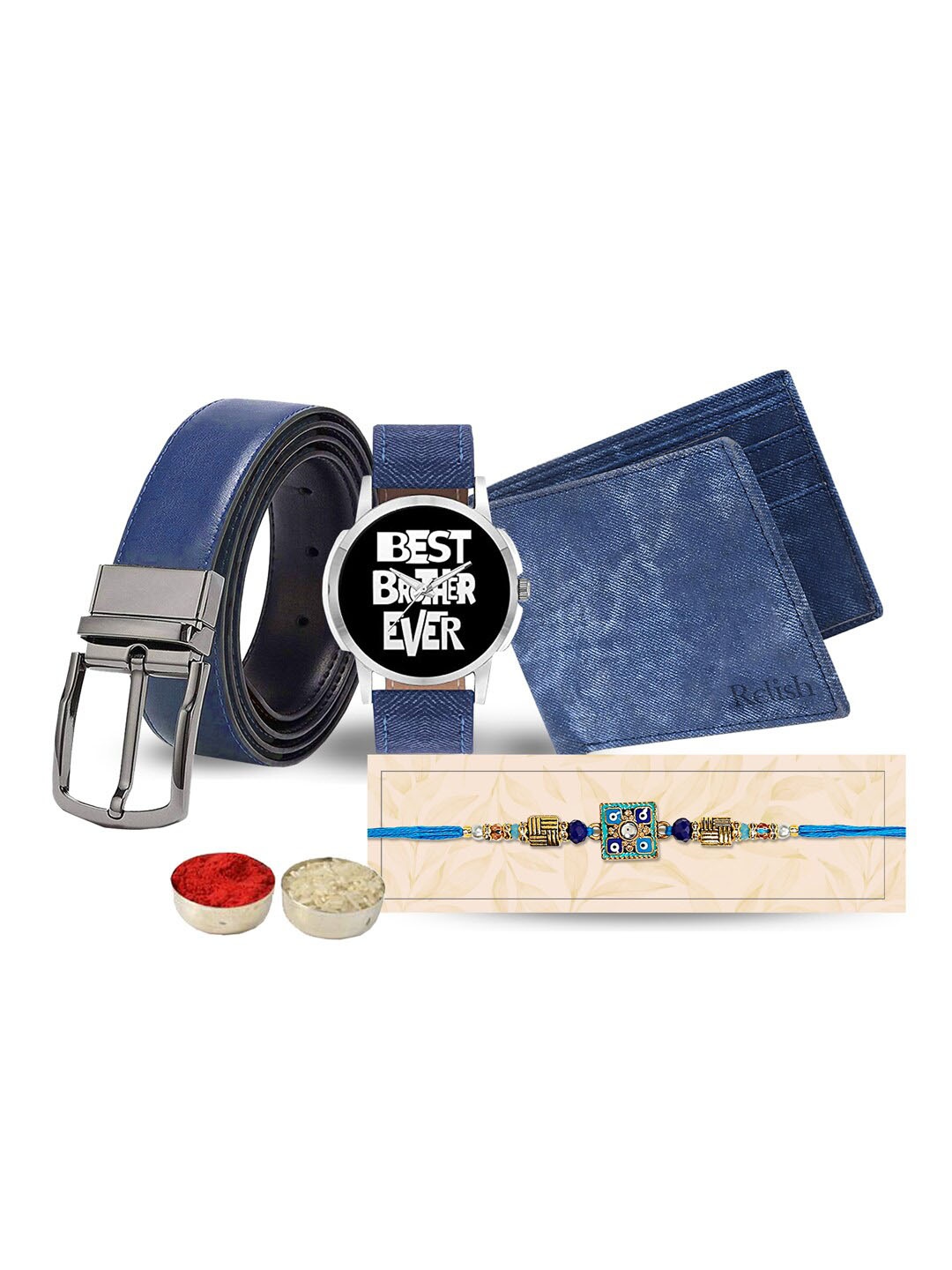 

Relish Men Set Of 4 Thread Rakhi Gift Set, Blue
