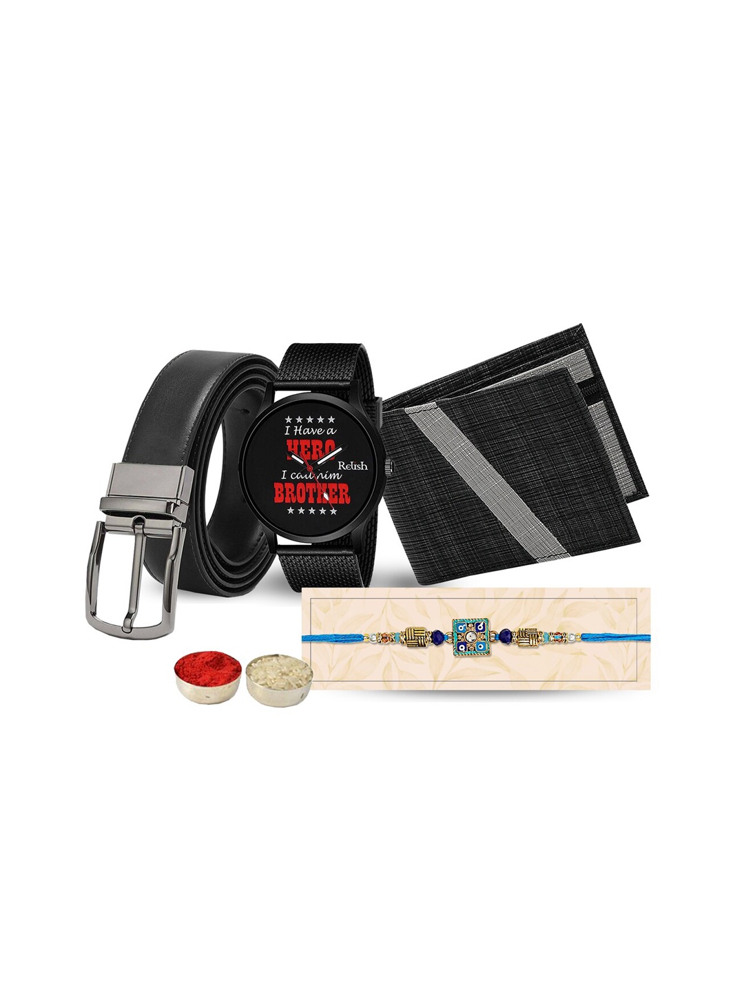 

Relish Men Set Of 4 Thread Rakhi Gift Set, Black