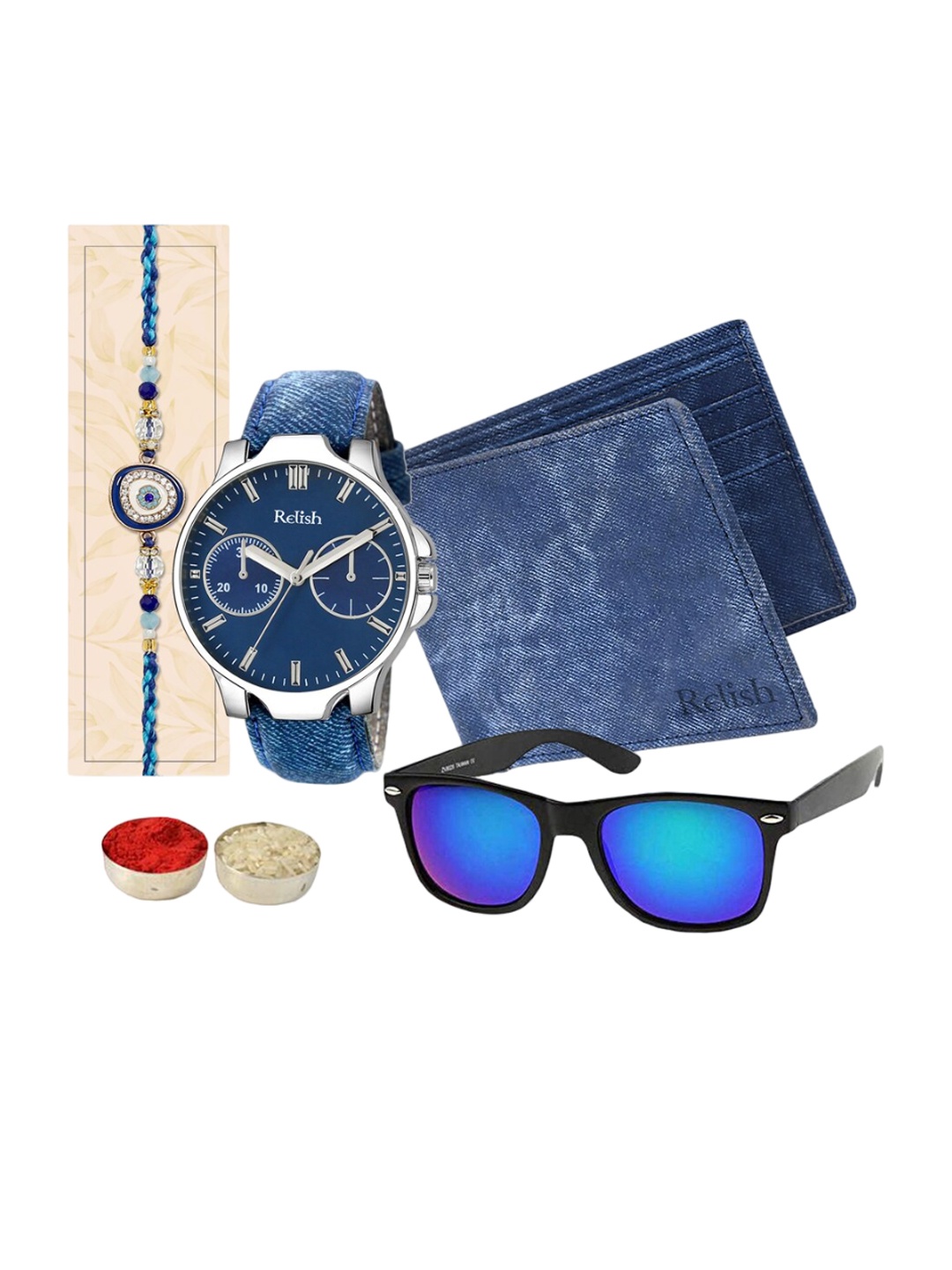 

Relish Men Evil Eye Motif Studded Rakhi With Watch & Sunglass, Blue