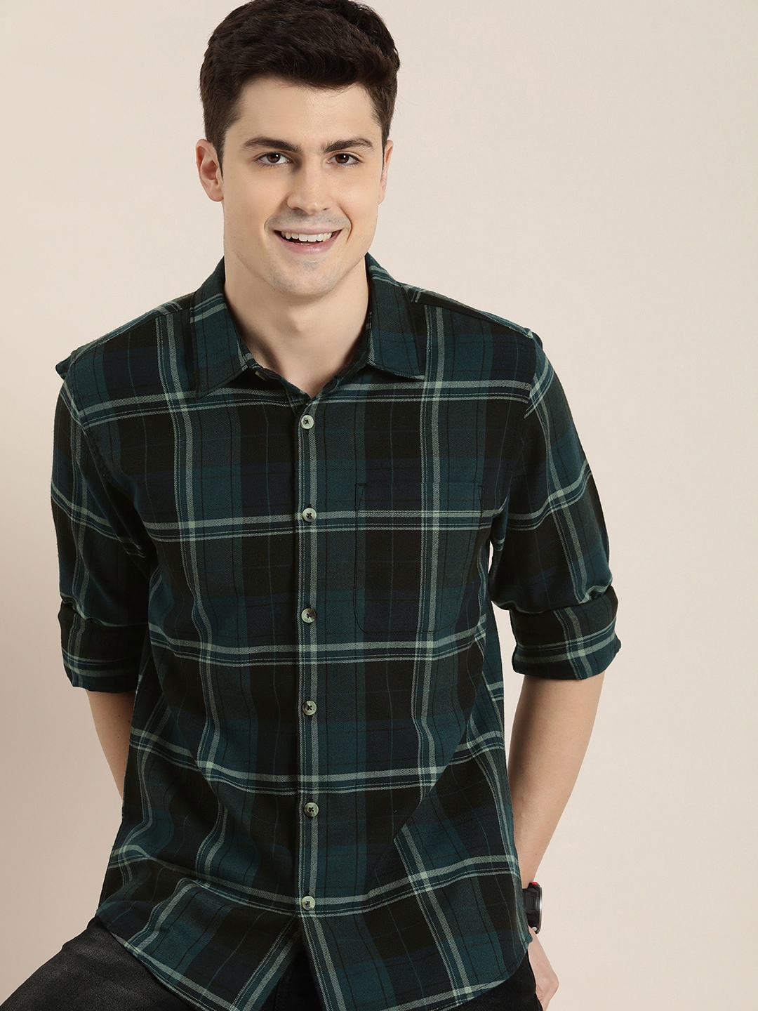 

HERE&NOW Men Opaque Checked Casual Shirt, Teal