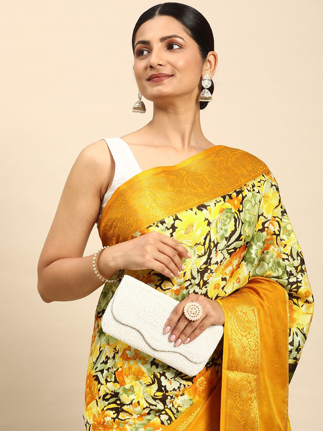 

Mitera Floral Jacquard Saree, Yellow