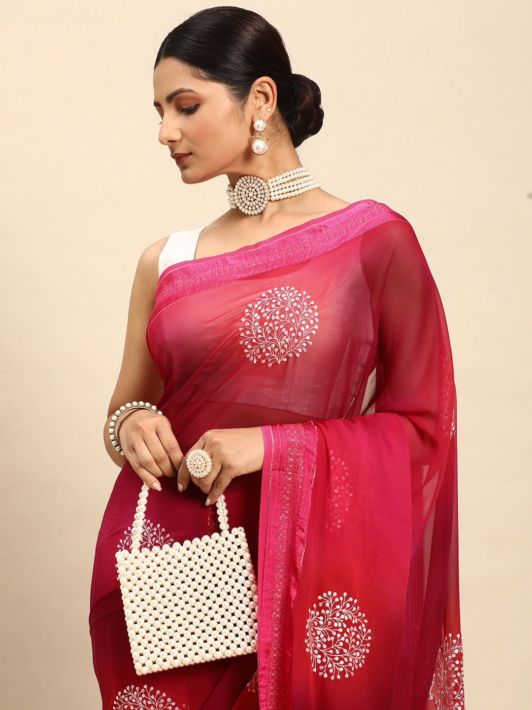 

Mitera Floral Zari Silk Blend Saree, Pink