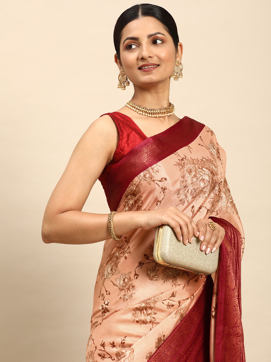 

Mitera Floral Jacquard Saree, Peach