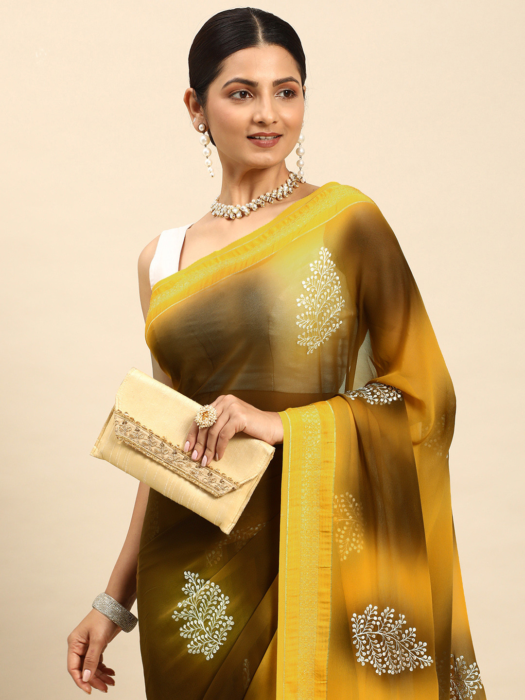 

Mitera Ethnic Motifs Embroidered Sequinned Saree, Yellow