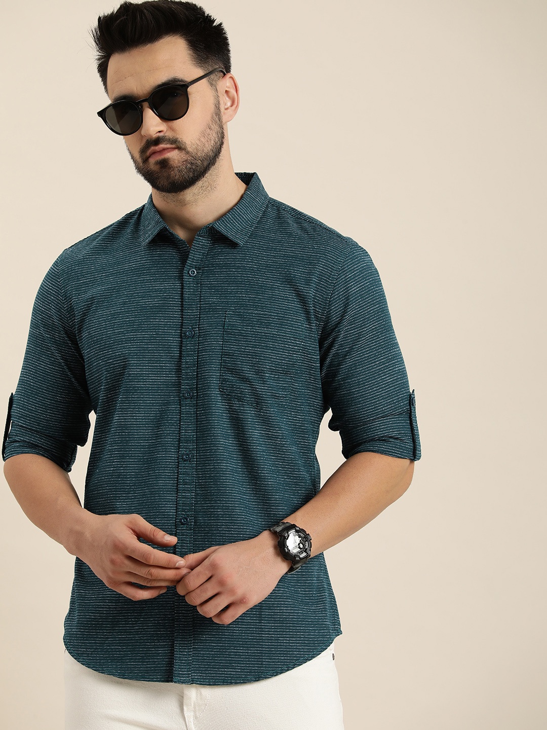 

Moda Rapido Men Slim Fit Opaque Casual Shirt, Teal