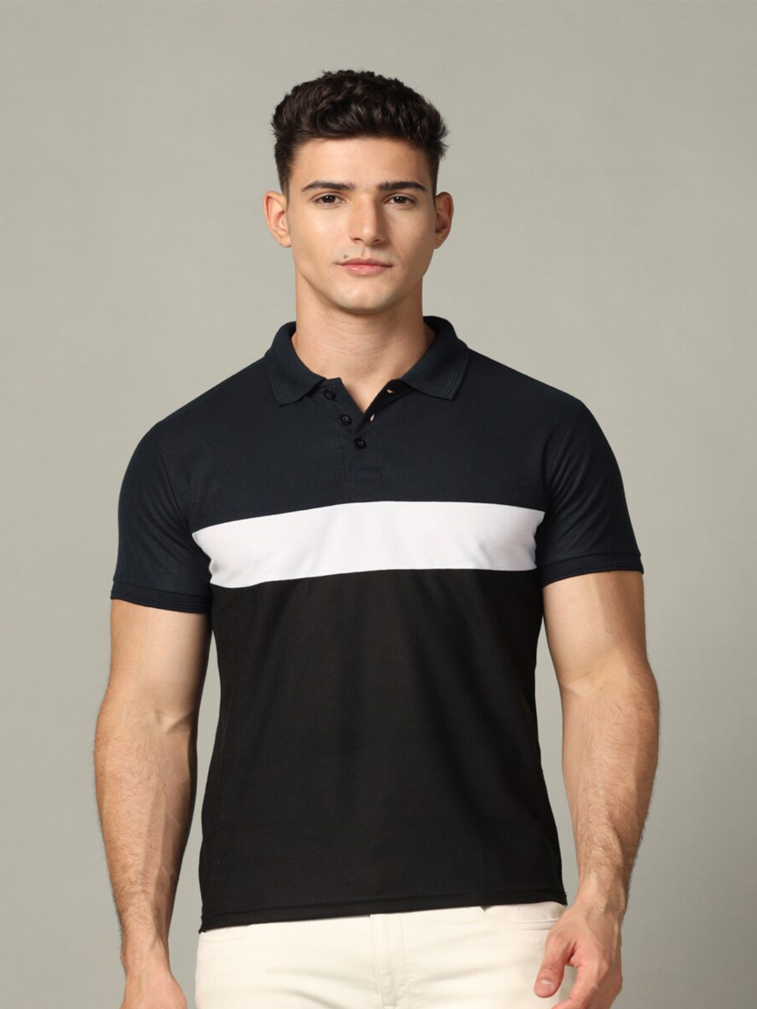 

INKKR Colourblocked Polo Collar Cotton T-Shirt, Navy blue