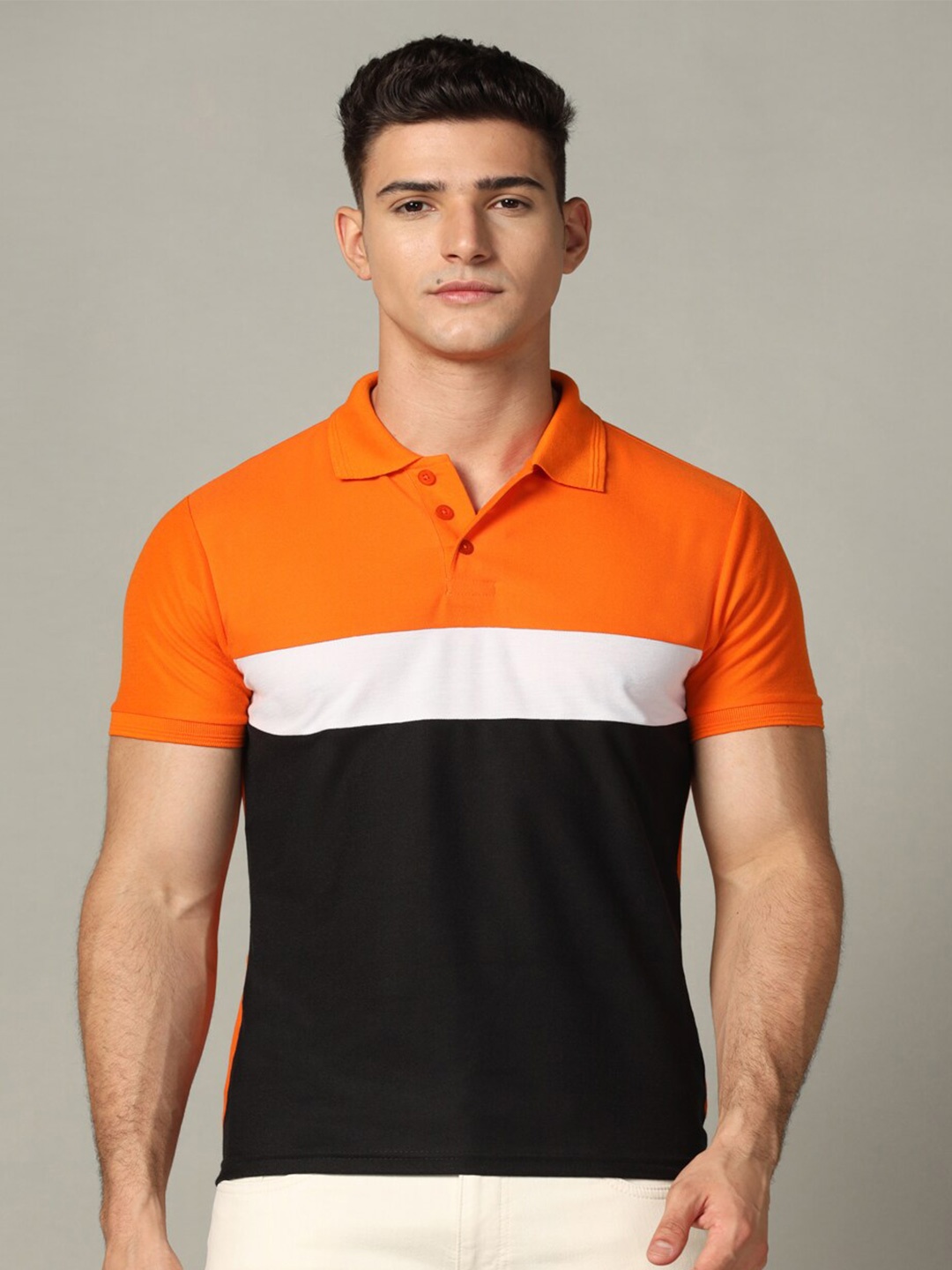 

INKKR Colourblocked Polo Collar Cotton T-Shirt, Orange