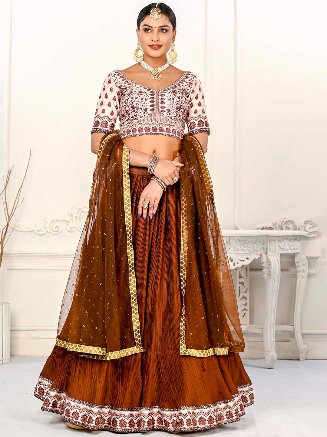 

SAPTRANGI Embellished Beads and Stones Semi Stitched Lehenga Choli With Dupatta, Brown