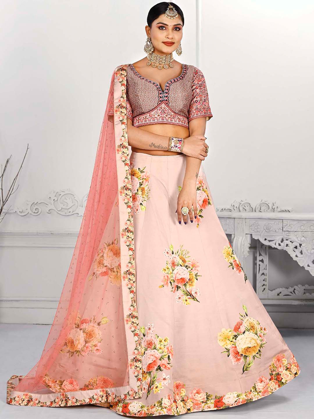 

SAPTRANGI Pink & Green Embellished Semi Stitched Lehenga Choli With Dupatta