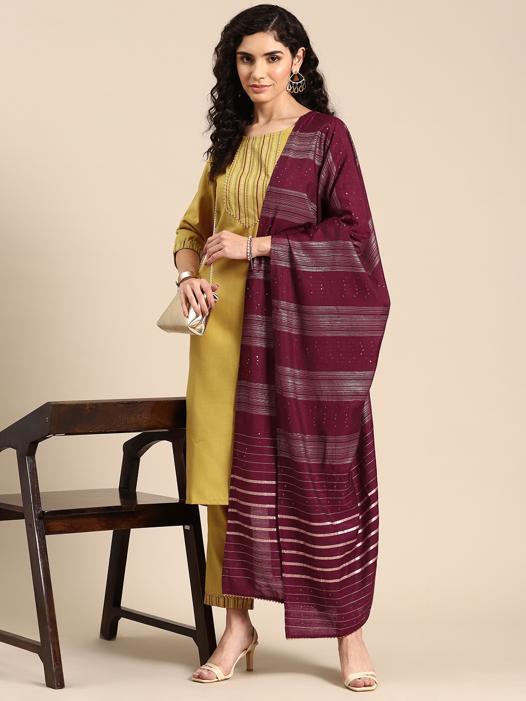 

Anouk Women Yoke Design Regular Gotta Patti Kurta with Trousers & With Dupatta, Mustard