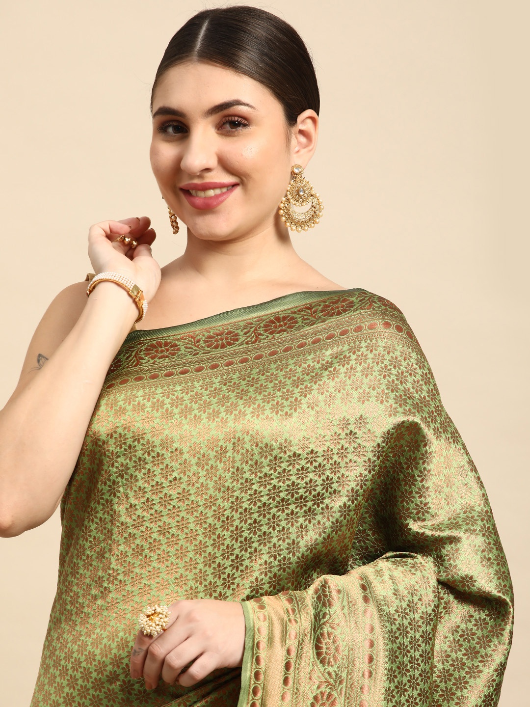 

TIEXA Ethnic Motifs Pure Silk Banarasi Saree, Olive