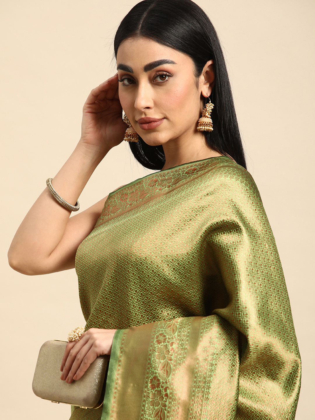 

TIEXA Ethnic Motifs Pure Silk Banarasi Saree, Lime green