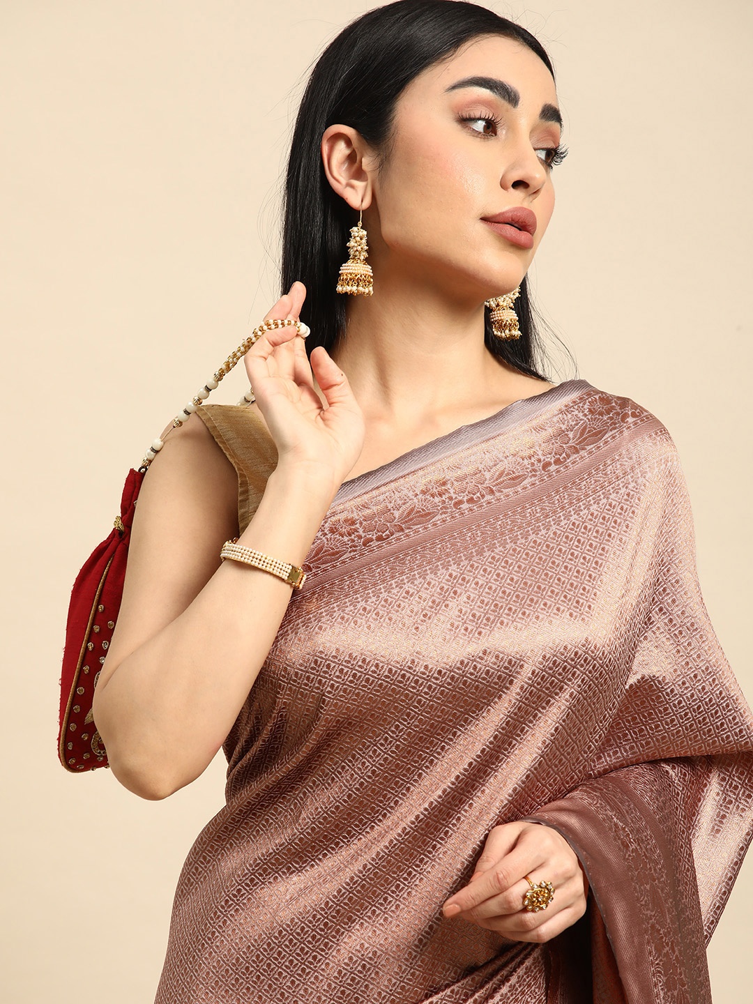 

TIEXA Ethnic Motifs Pure Silk Banarasi Saree, Brown