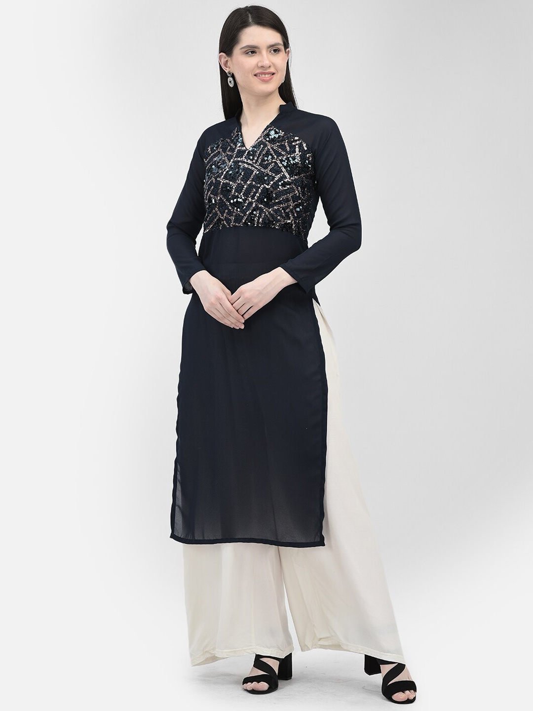 

Ojjasvi Ethnic Motifs Sequinned Embroidered Georgette Kurta, Navy blue