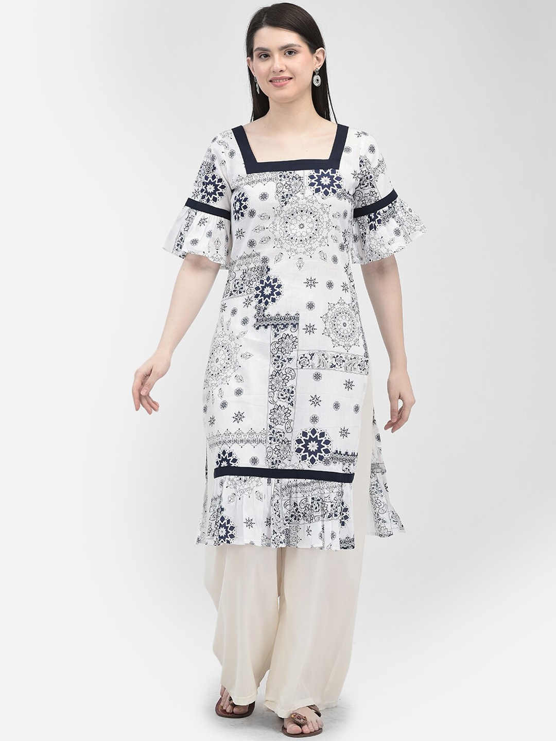 

Ojjasvi Floral Printed Bell Sleeves Cotton A-Line Kurta, White