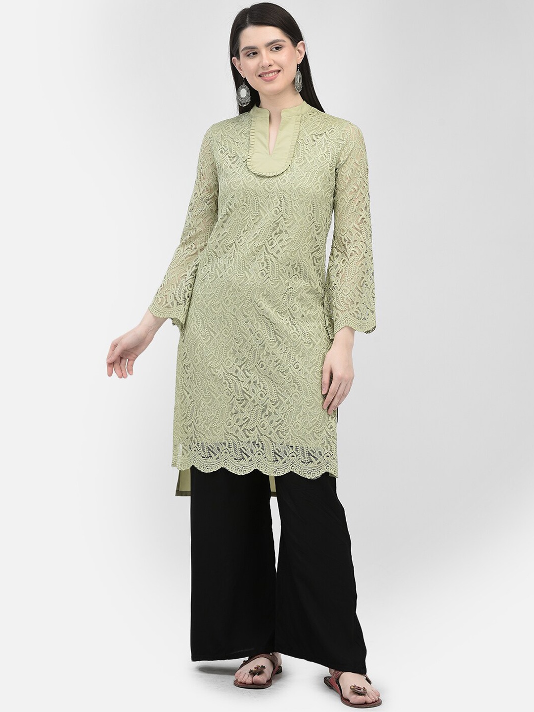 

Ojjasvi Woven Design Mandarin Collar Flared Sleeves Kurta, Green