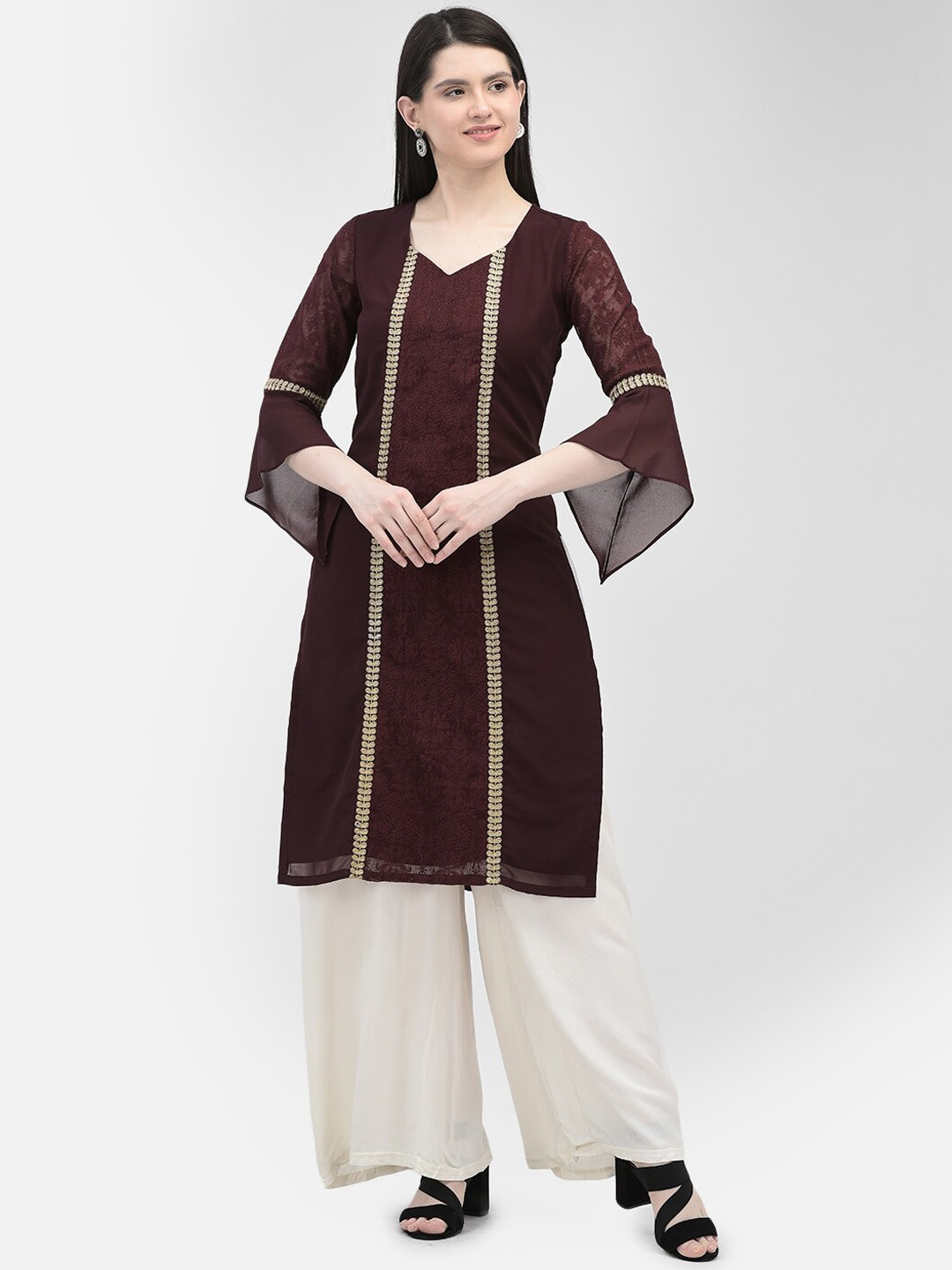 Ojjasvi Striped Flared Sleeves Thread Work Kurta, Burgundy