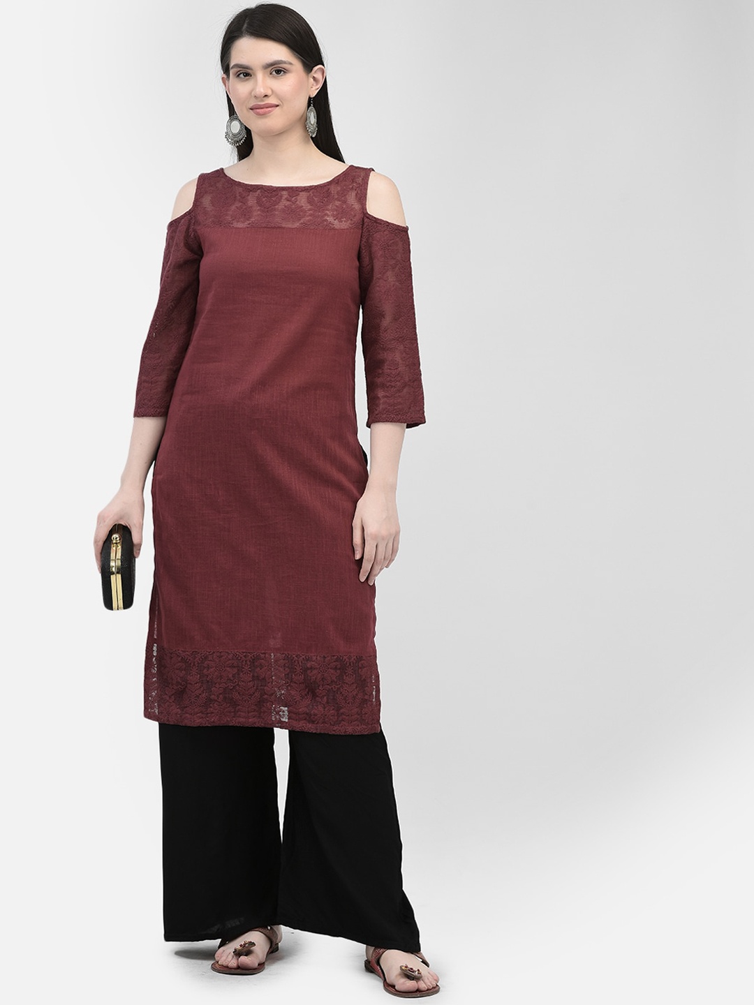 

Ojjasvi Embroidered Cold-Shoulder Sleeves Kurta, Burgundy