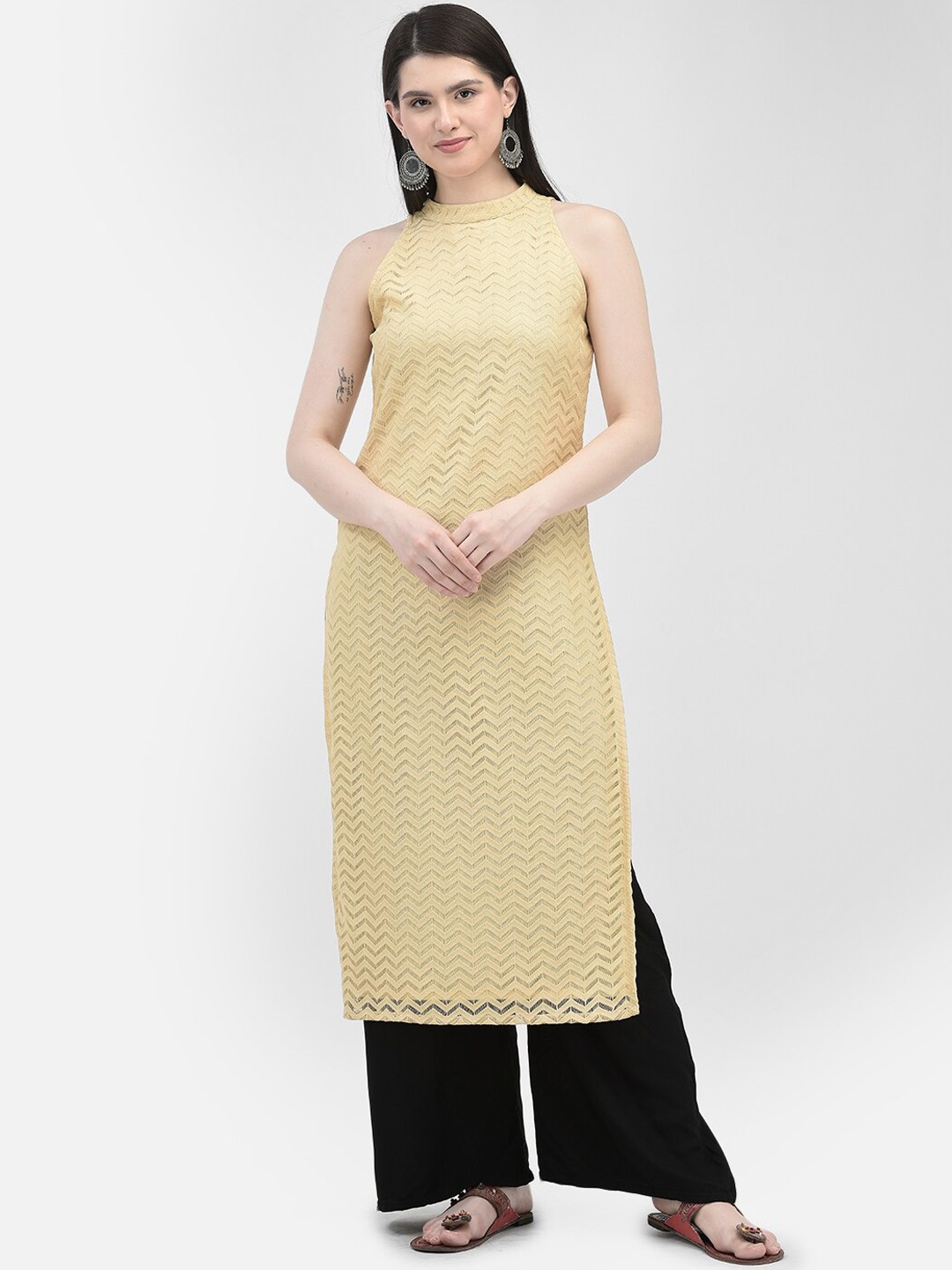 

Ojjasvi Striped Embroidered High Neck Thread Work Straight Kurta, Beige