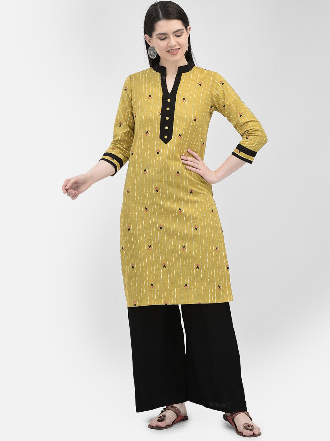 

Ojjasvi Floral Printed Mandarin Collar Pure Cotton A-Line Kurta, Yellow