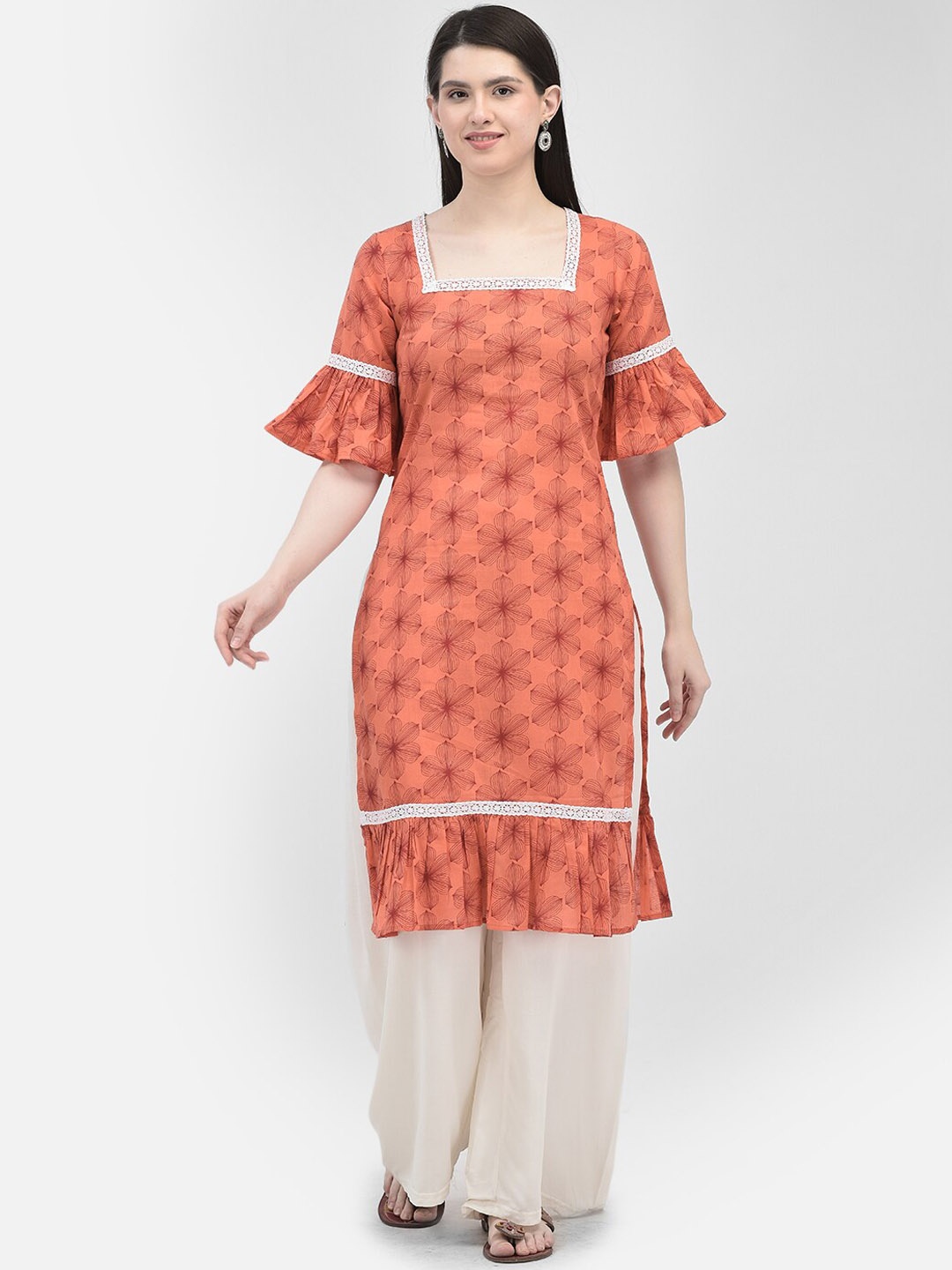 

Ojjasvi Floral Printed Square Neck Bell Sleeves Pure Cotton A-Line Kurta, Red