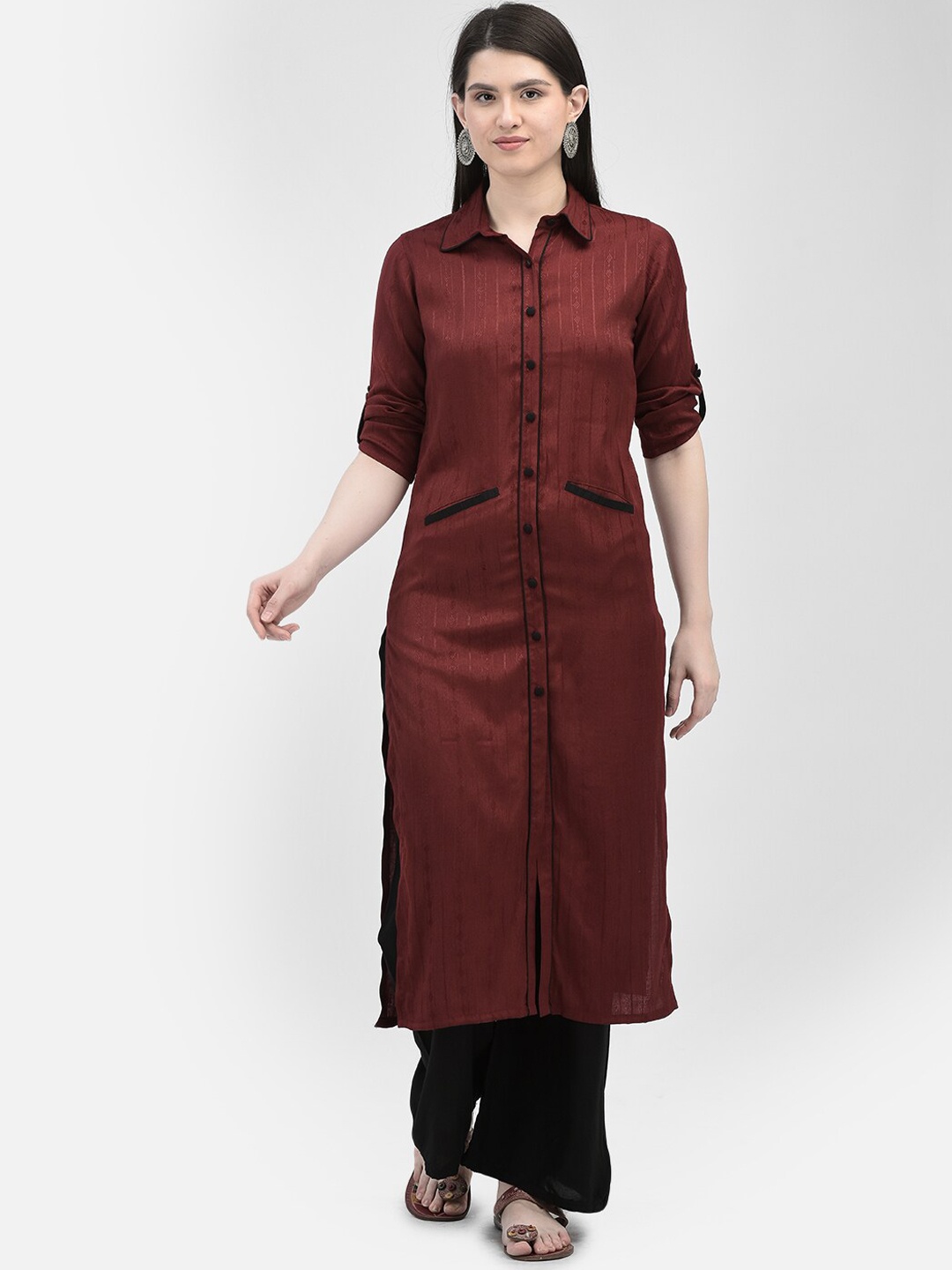 

Ojjasvi Striped Woven Design Shirt Collar Roll-Up Sleeves Pure Cotton Pathani Kurta, Burgundy
