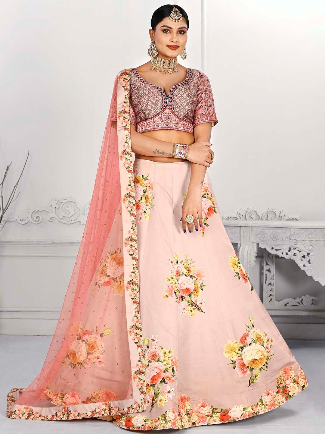 

SAPTRANGI Floral Printed Embellished Ready to Wear Lehenga & Blouse With Dupatta, Pink