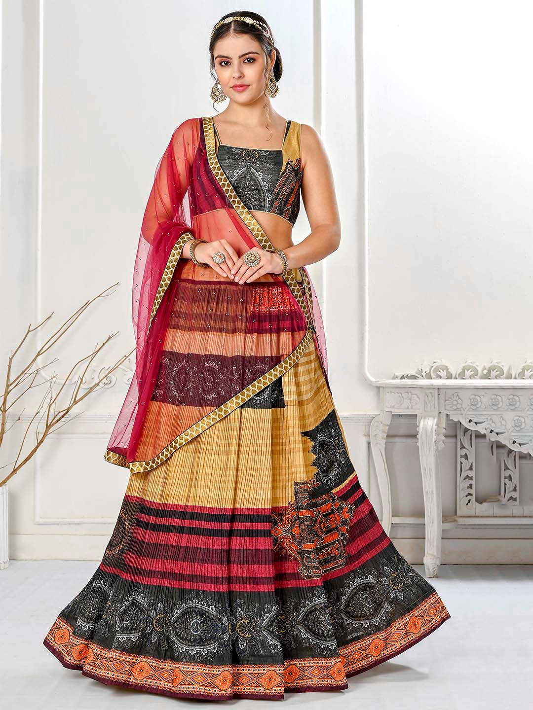 

SAPTRANGI Printed Ready to Wear Lehenga & Blouse With Dupatta, Yellow